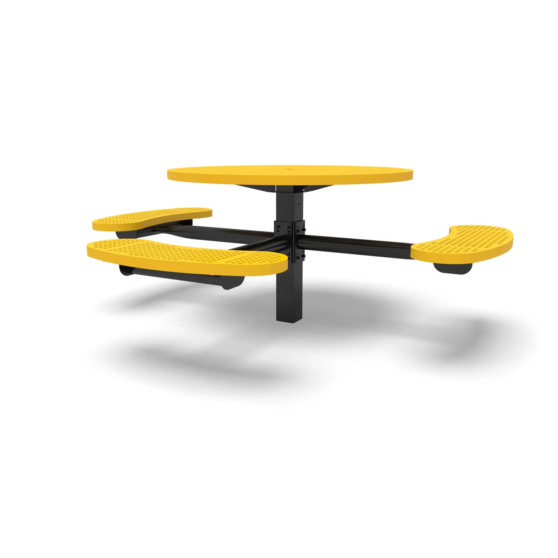 Black & Yellow Wabash Valley Signature Round Pedestal Picnic Table, Perforated, Standard - ADA Accessible - Inground, in plastisol-coated steel, model SG250P, ada compliant table