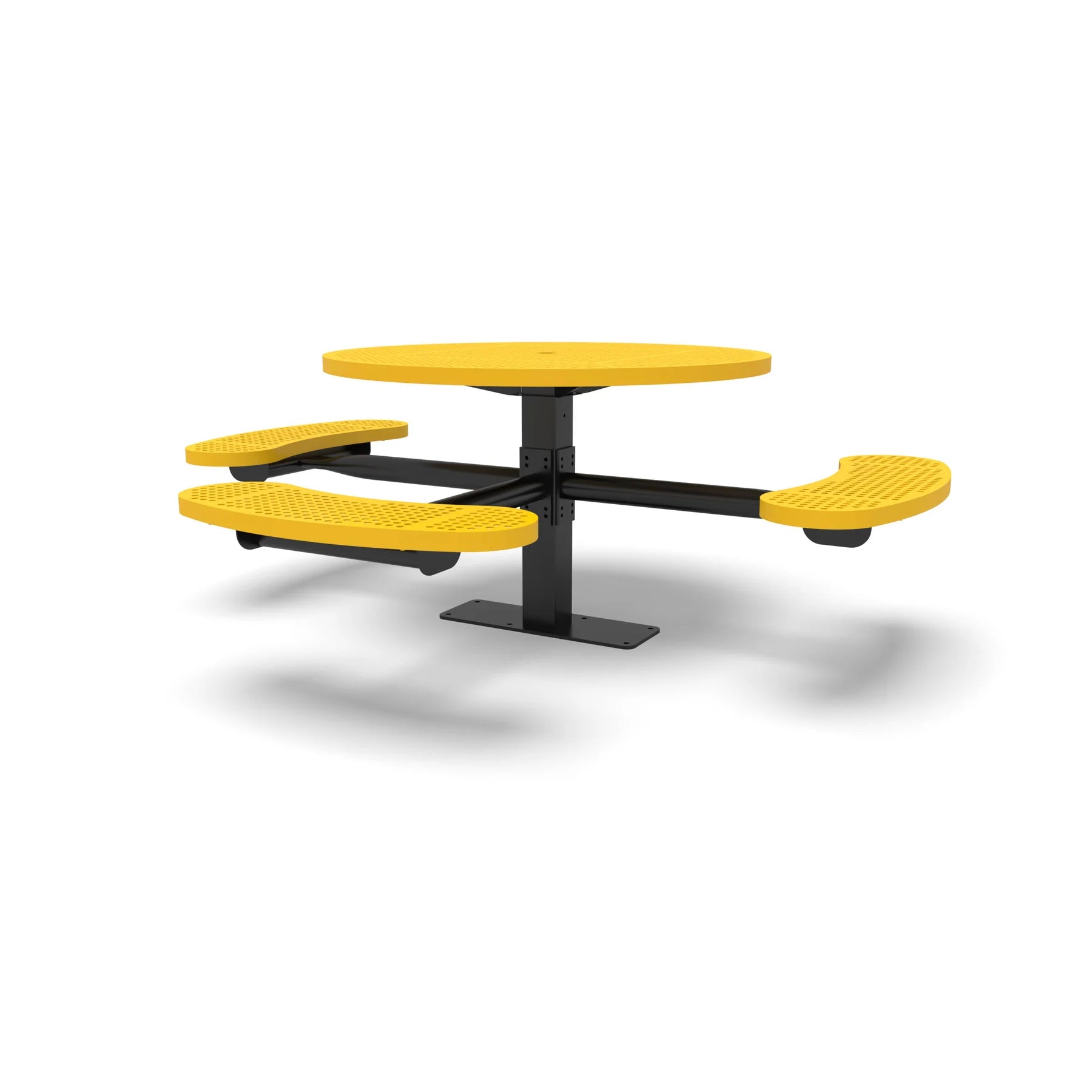 Black & Yellow Wabash Valley Signature Round Pedestal Picnic Table, Perforated, Standard - ADA Accessible - Surface Mount, in plastisol-coated steel, model SG249P, ada compliant table