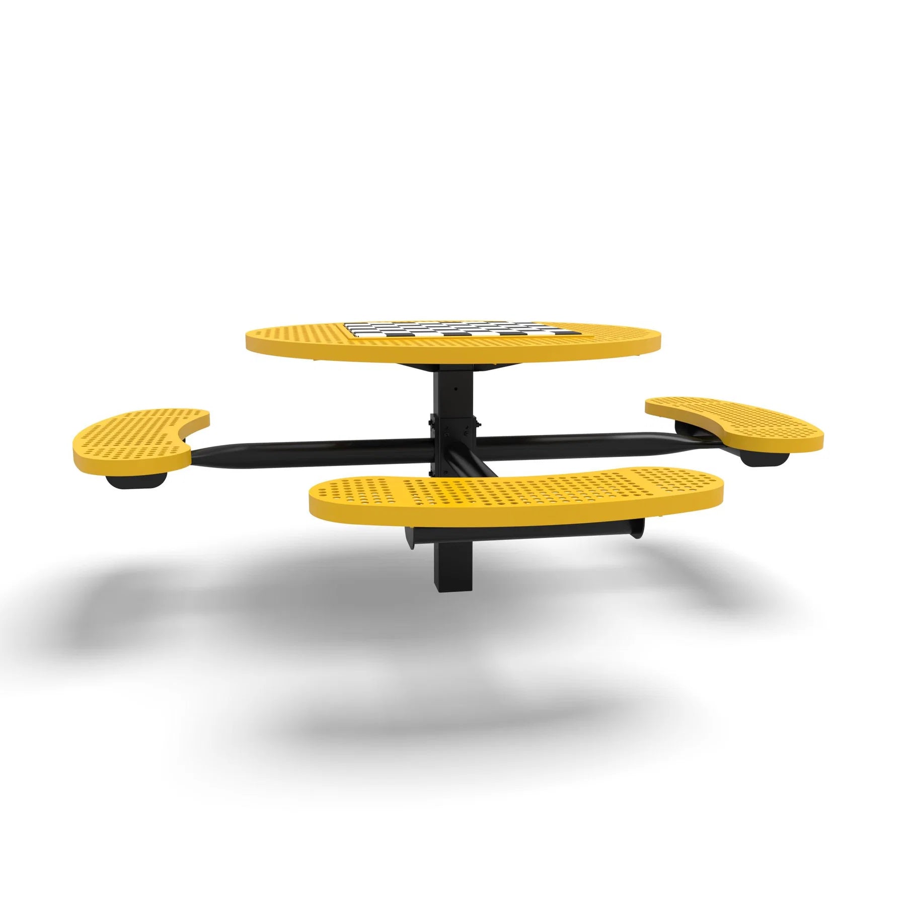 Black & Yellow Wabash Valley Signature Round Pedestal Picnic Table, Perforated, Chessboard - ADA Accessible - Inground, in plastisol-coated steel, model SP215P, park chess table