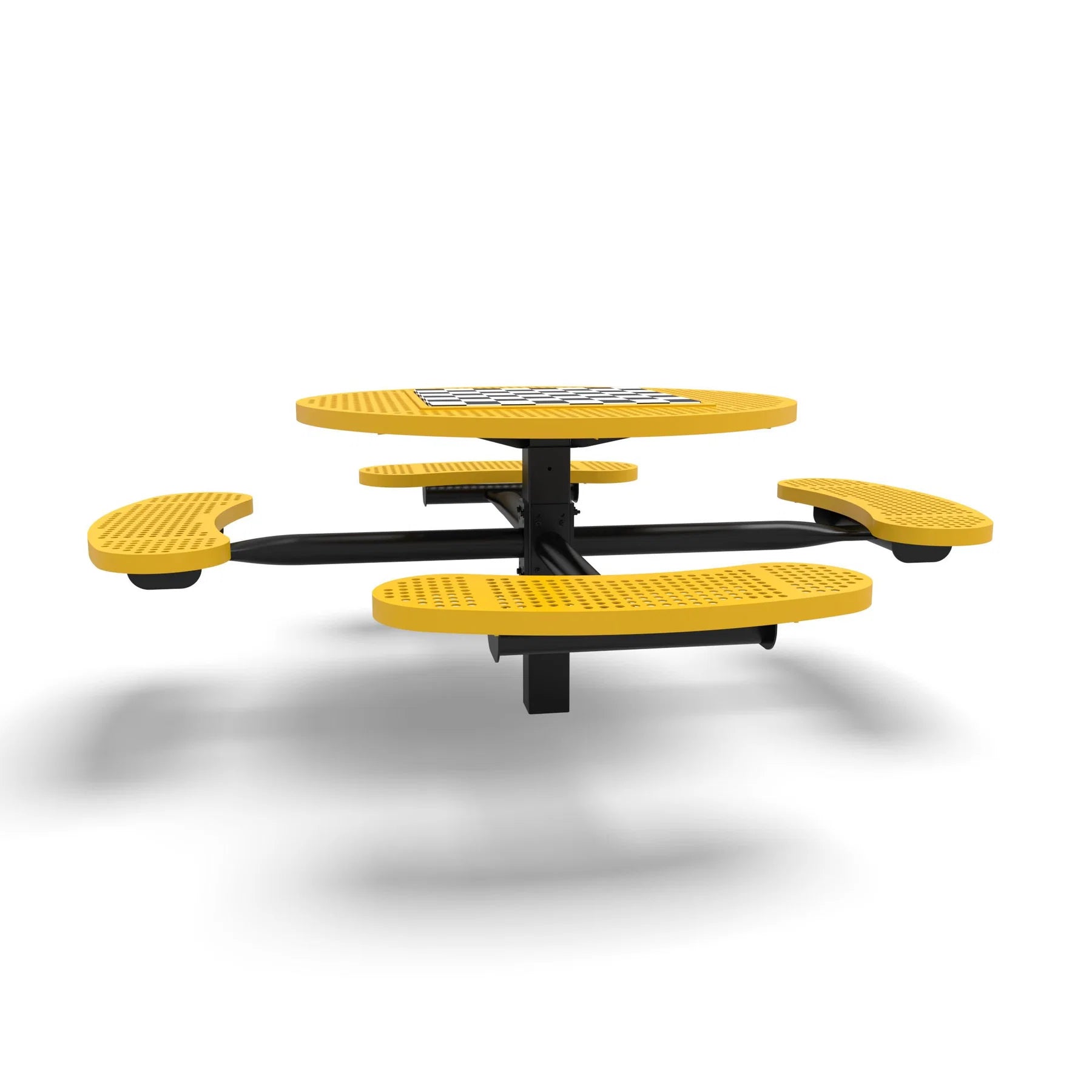 Black & Yellow Wabash Valley Signature Round Pedestal Picnic Table, Perforated, Chessboard - 4 Seats - Inground, in plastisol-coated steel, model SP210P, park chess table