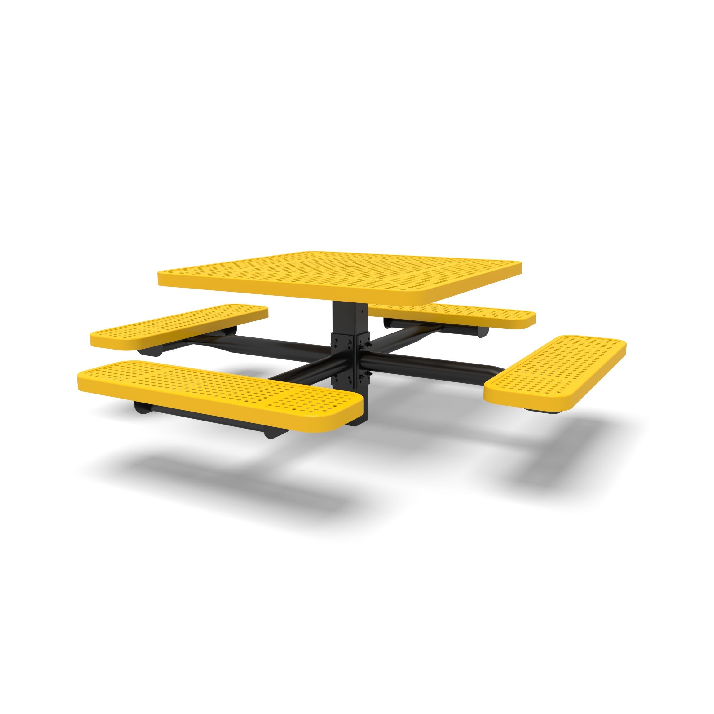 Black & Yellow Wabash Valley Signature Square Pedestal Picnic Table, Perforated, Standard - 4 Seats - Inground - 40 Inch, in plastisol-coated steel, model SG215P, 40 inch square table