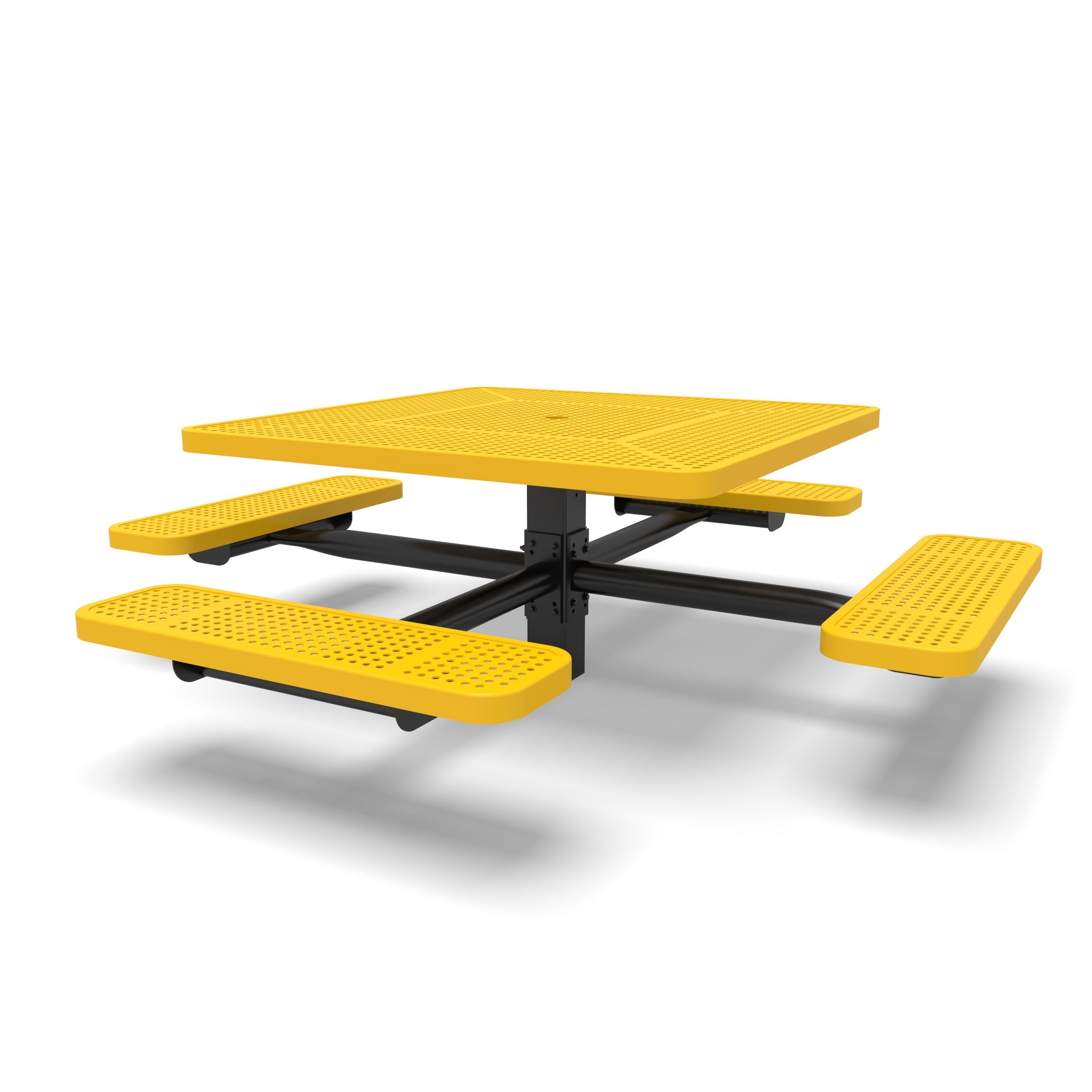 Black & Yellow Wabash Valley Signature Square Pedestal Picnic Table, Perforated, Standard - 4 Seats - Inground - 46 Inch, in plastisol-coated steel, model SG230P, square outdoor dining table