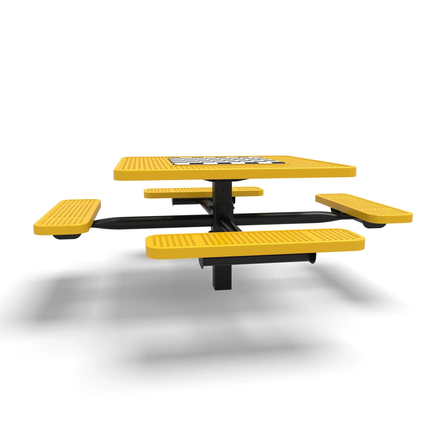 Black & Yellow Wabash Valley Signature Square Pedestal Picnic Table, Perforated, Chessboard - 4 Seats - Inground - 46 Inch, in plastisol-coated steel, model SP225P, outdoor checkers table