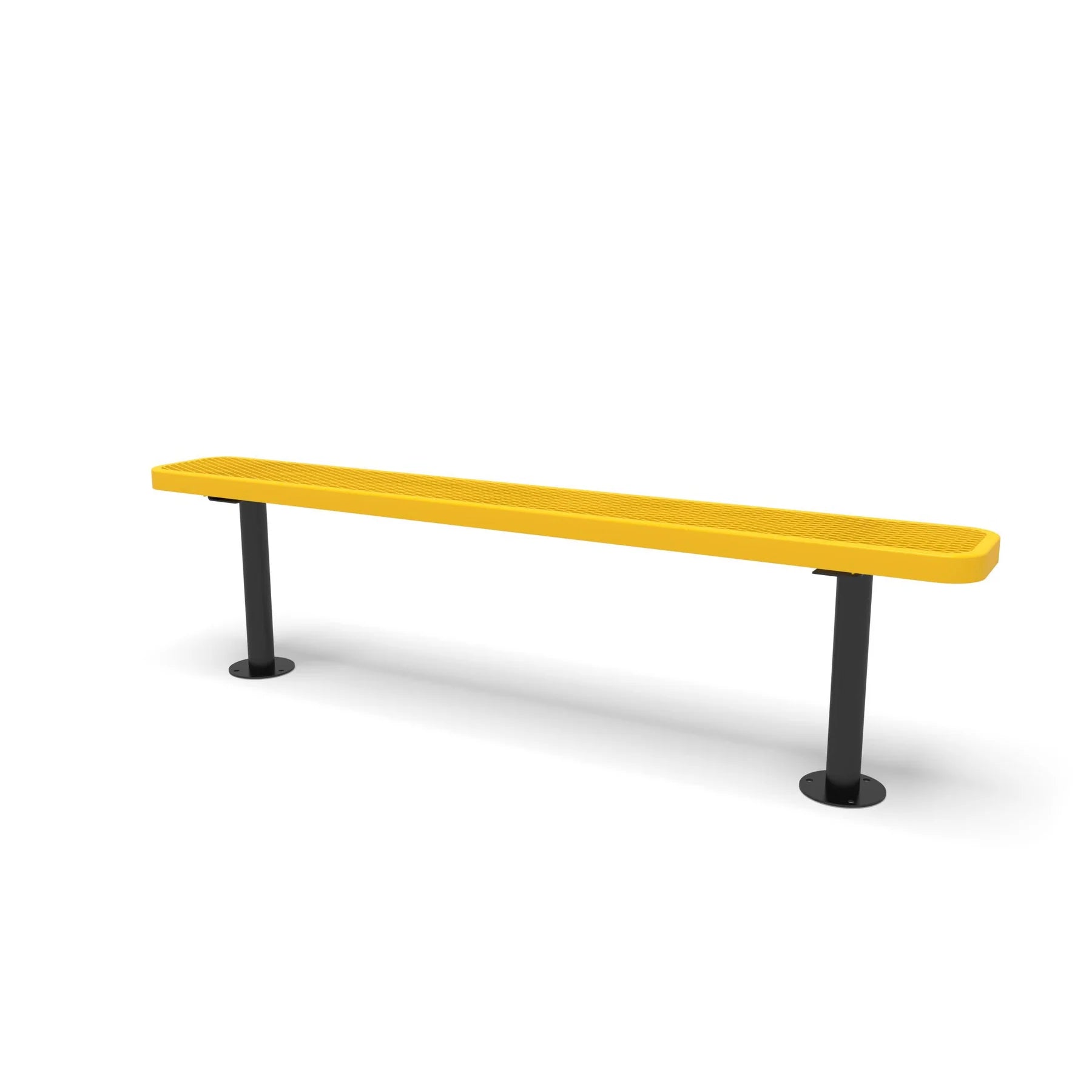 Black & Yellow Wabash Valley Signature Steel Backless Bench, Diamond, 6' Surface Mount base plates, yellow seat on a black frame, plastisol-coated steel, outdoor seating bench