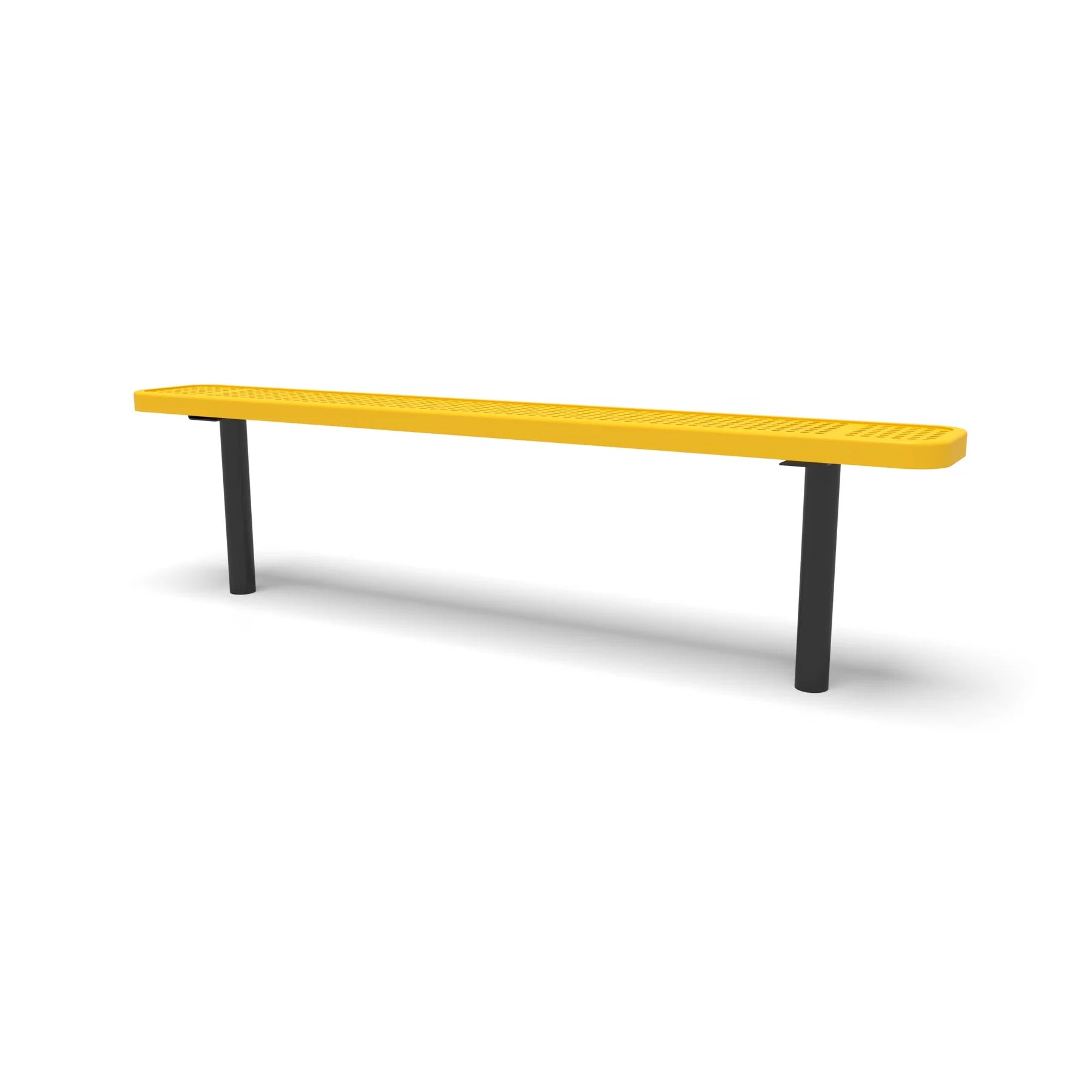 Black & Yellow Wabash Valley Signature Steel Backless Bench, Perforated, 6' Inground posts, yellow seat on a black frame, plastisol-coated steel, commercial seating bench
