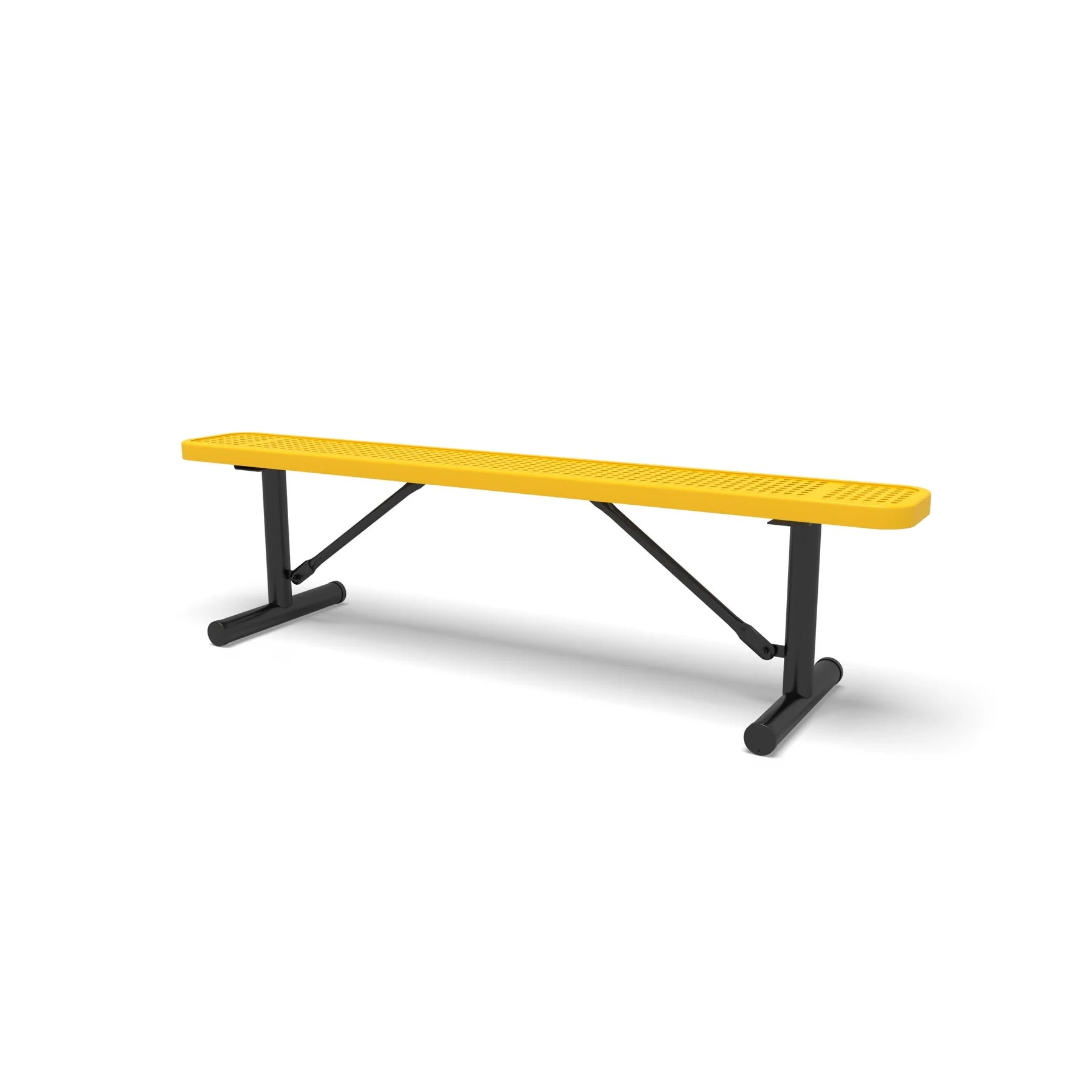 Black & Yellow Wabash Valley Signature Steel Backless Bench, Perforated, 6' Portable with braced legs, yellow seat on a black frame, plastisol-coated steel, walkway bench