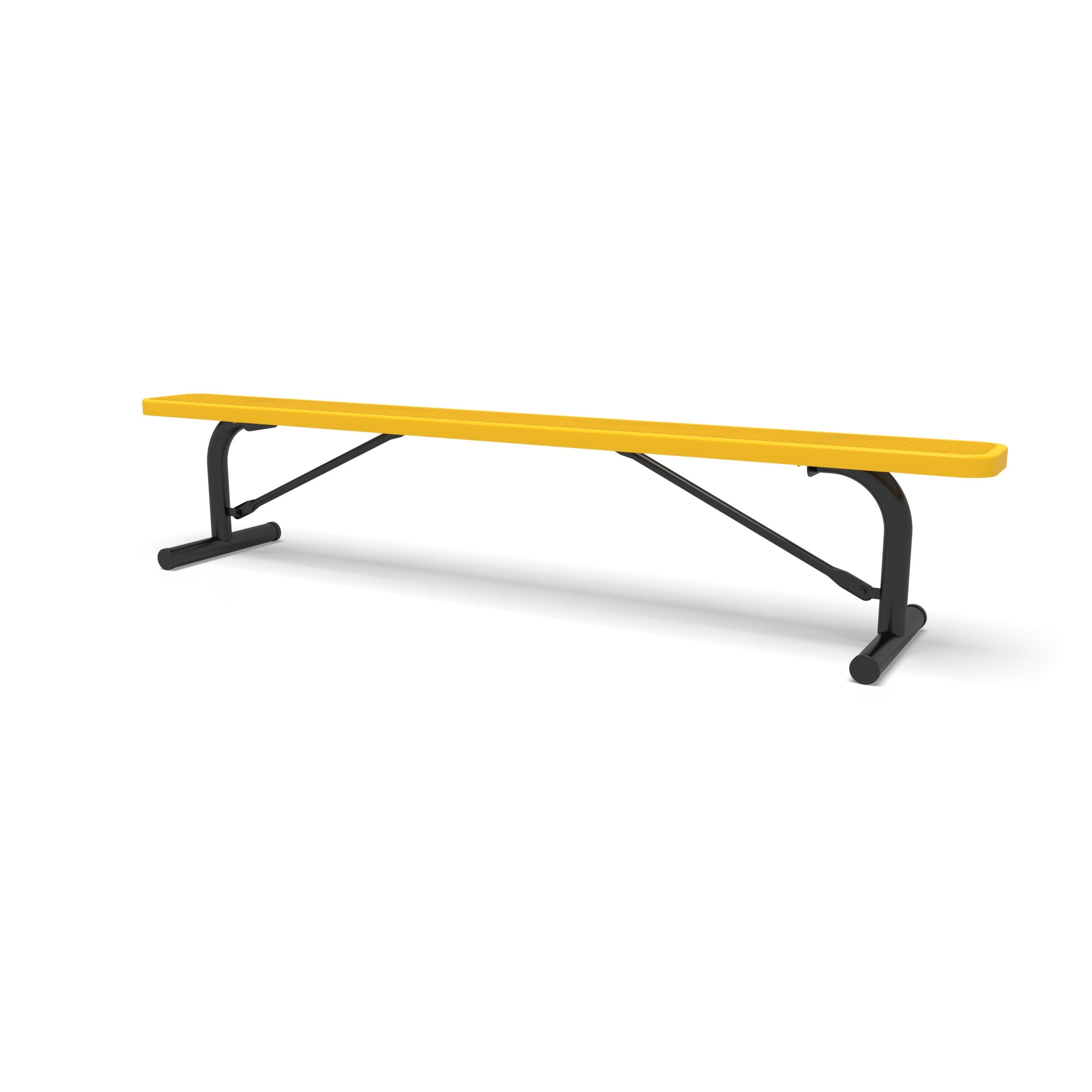 Black & Yellow Wabash Valley Signature Steel Backless Bench, Diamond, 8' Portable with braced legs, yellow seat on a black frame, plastisol-coated steel, 96 inch bench