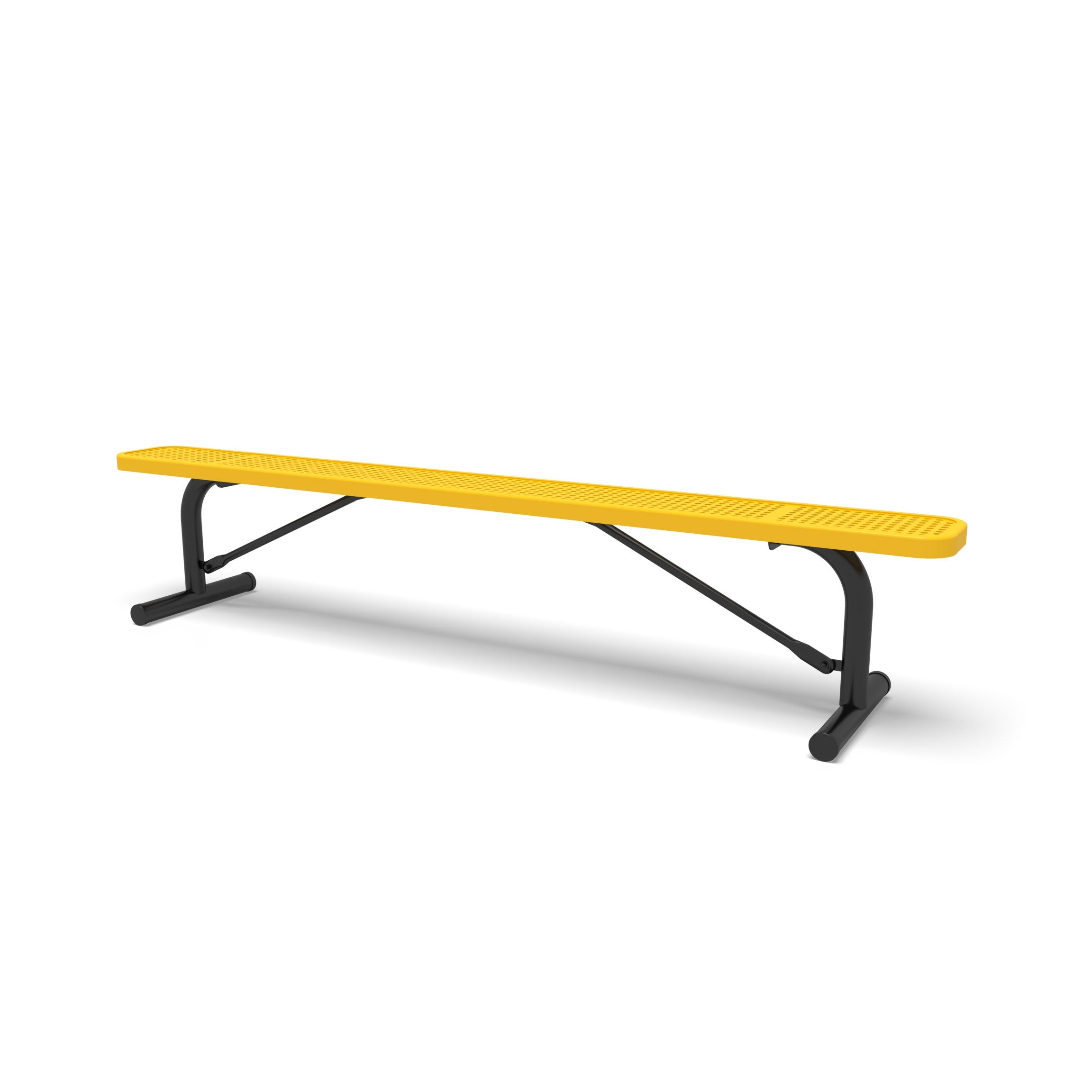 Black & Yellow Wabash Valley Signature Steel Backless Bench, Perforated, 8' Portable with braced legs, yellow seat on a black frame, plastisol-coated steel, long outdoor bench