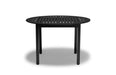 Front view of the Black Yorktown 48 inch round aluminum slat table, showing the slat top and four legs, model YO2G33C, aluminum outdoor dining table