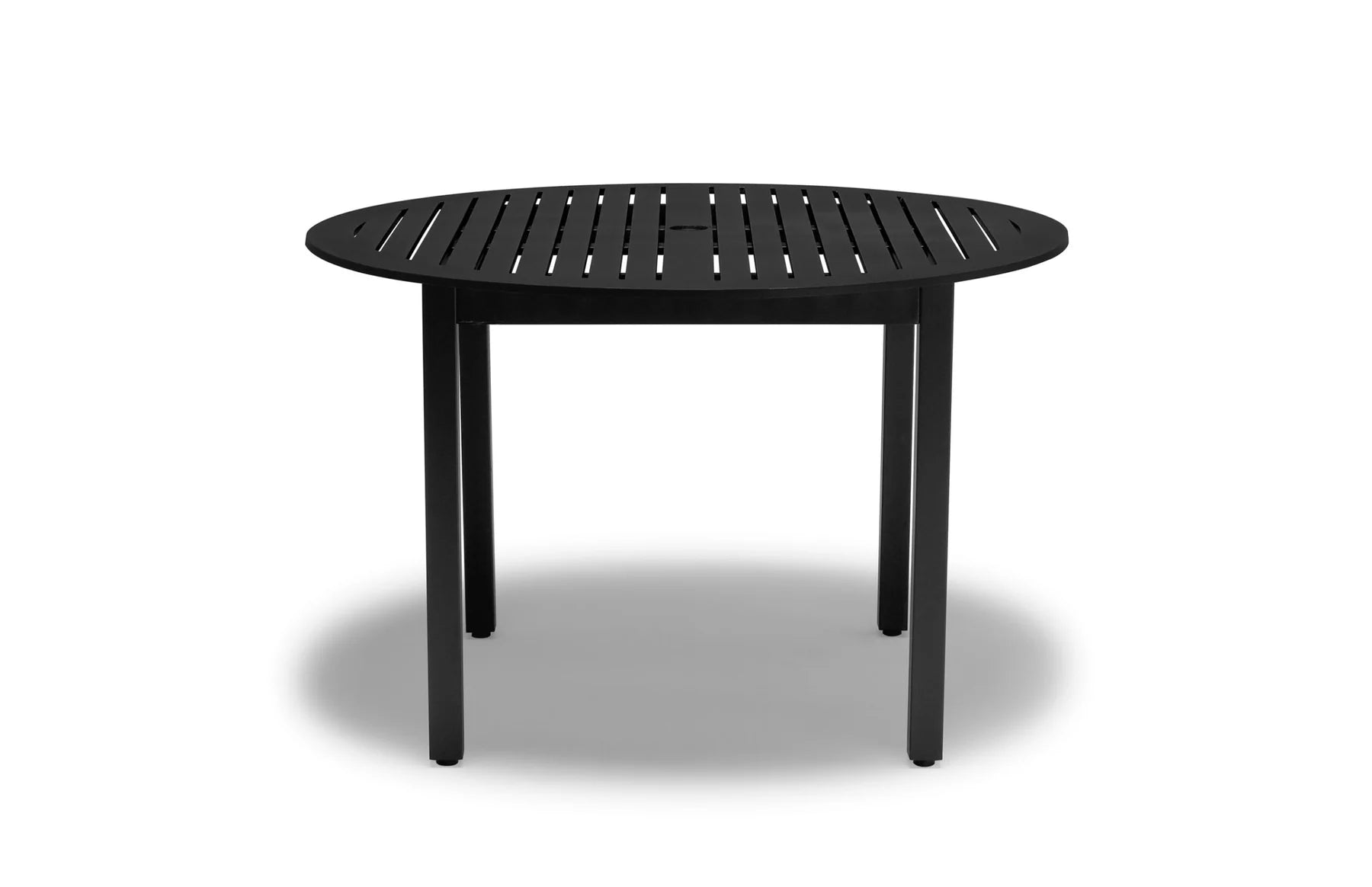 Front view of the Black Yorktown 48 inch round aluminum slat table, showing the slat top and four legs, model YO2G33C, aluminum outdoor dining table