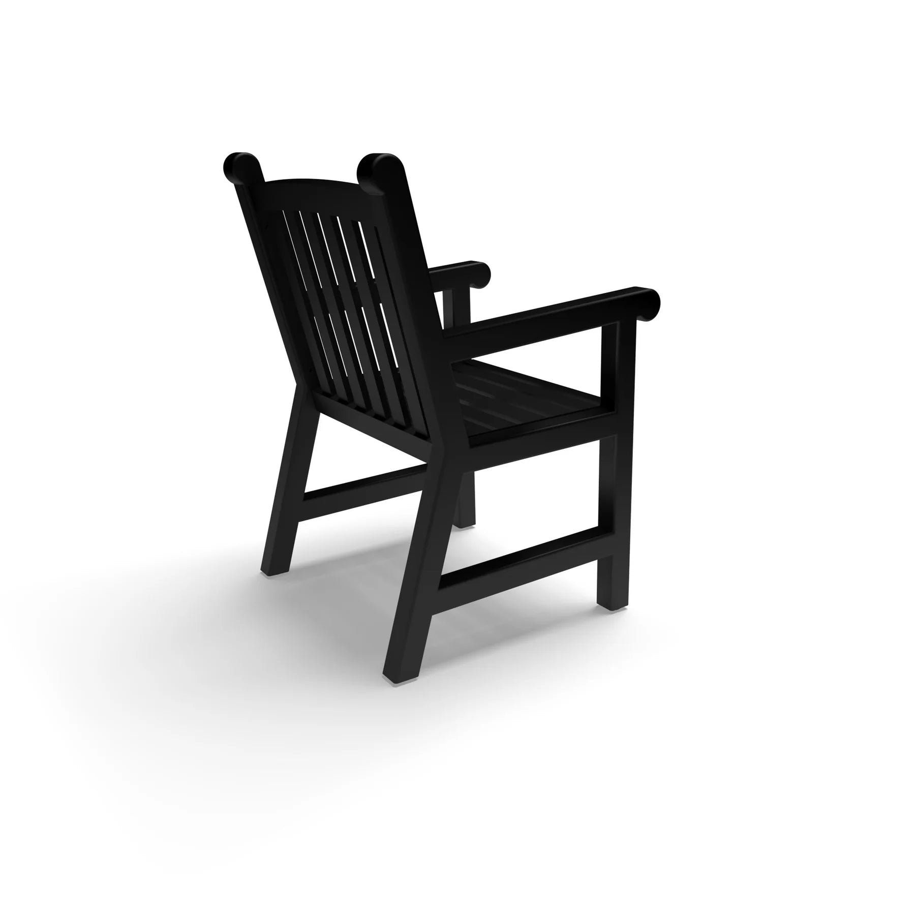 Rear view of the Black Yorktown aluminum slat dining chair with arms, showing the arched slat back, model YO9113C, heavy patio chairs