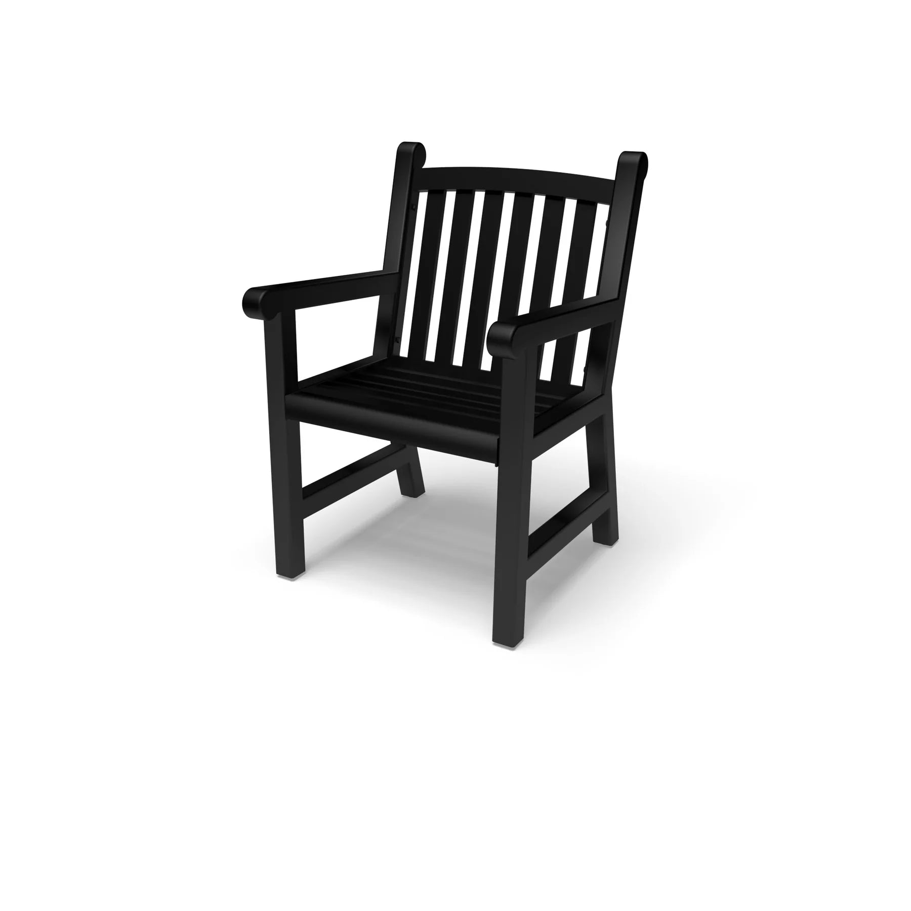 Black Yorktown aluminum slat dining chair with arms, powder-coated aluminum, model YO9113C, heavy duty outdoor chairs