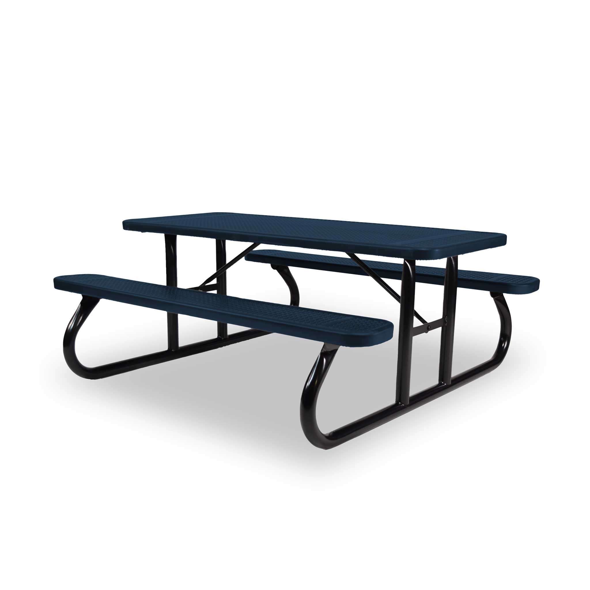 Black & Blue Wabash Valley Signature Portable Picnic Table, blue top and seats on a black frame, 6' Standard, Perforated pattern, portable picnic table