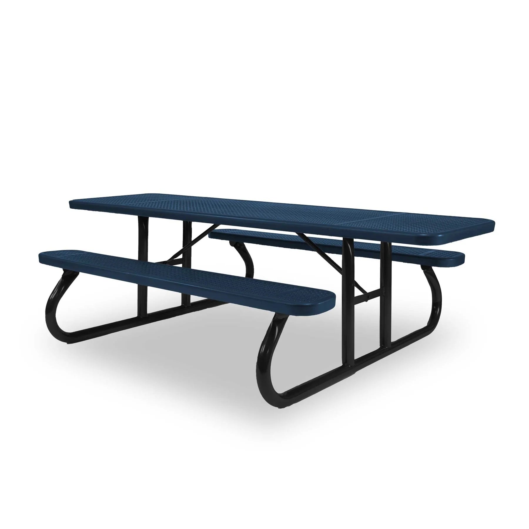 Black & Blue Wabash Valley Signature Portable Picnic Table, blue top and seats on a black frame, 8' ADA Accessible, Perforated pattern, coated metal picnic table