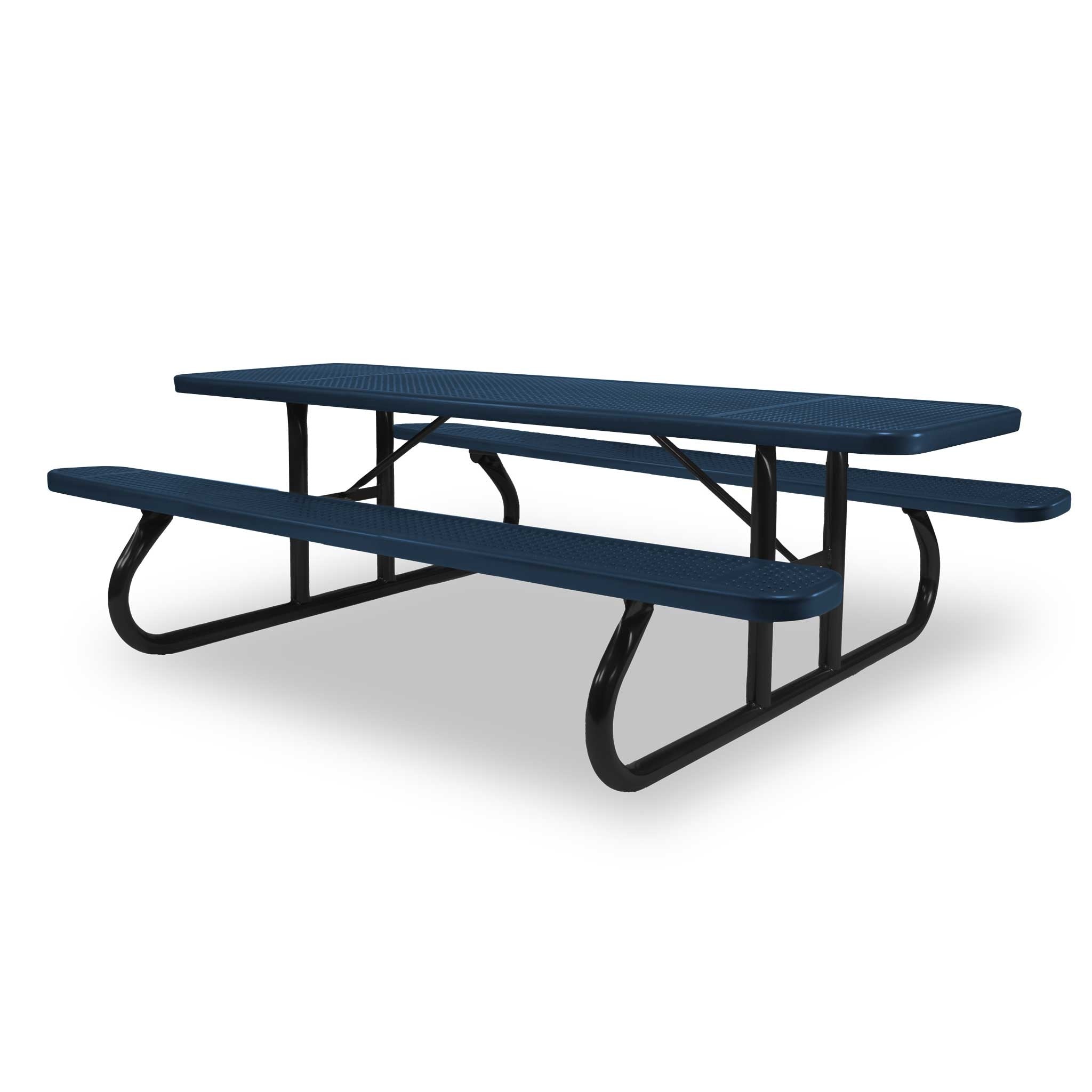 Black & Blue Wabash Valley Signature Portable Picnic Table, blue top and seats on a black frame, 8' Standard, Perforated pattern, lunch tables for schools