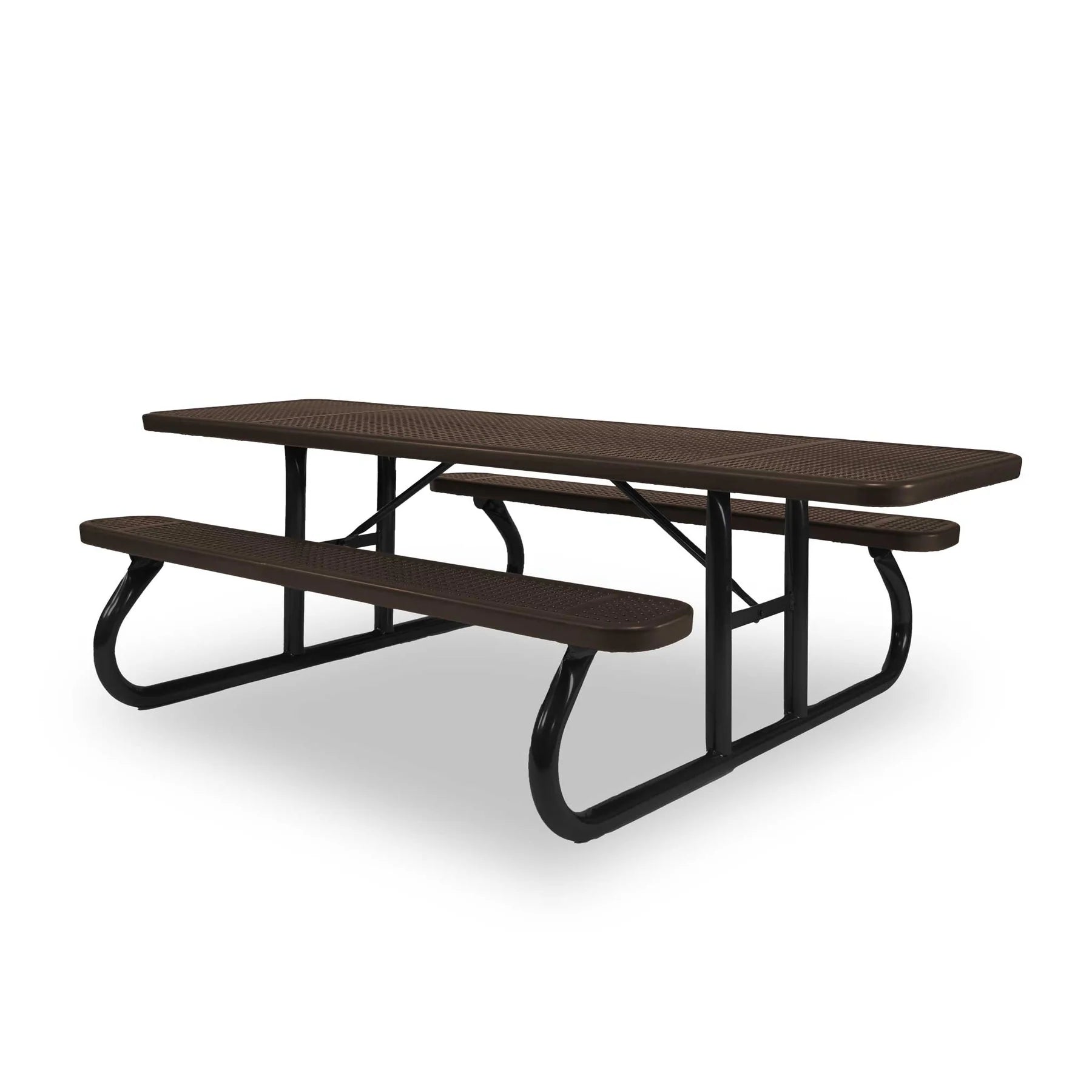 Black & Brown Wabash Valley Signature Portable Picnic Table, brown top and seats on a black frame, 8' ADA Accessible, Perforated pattern, outdoor school lunch tables