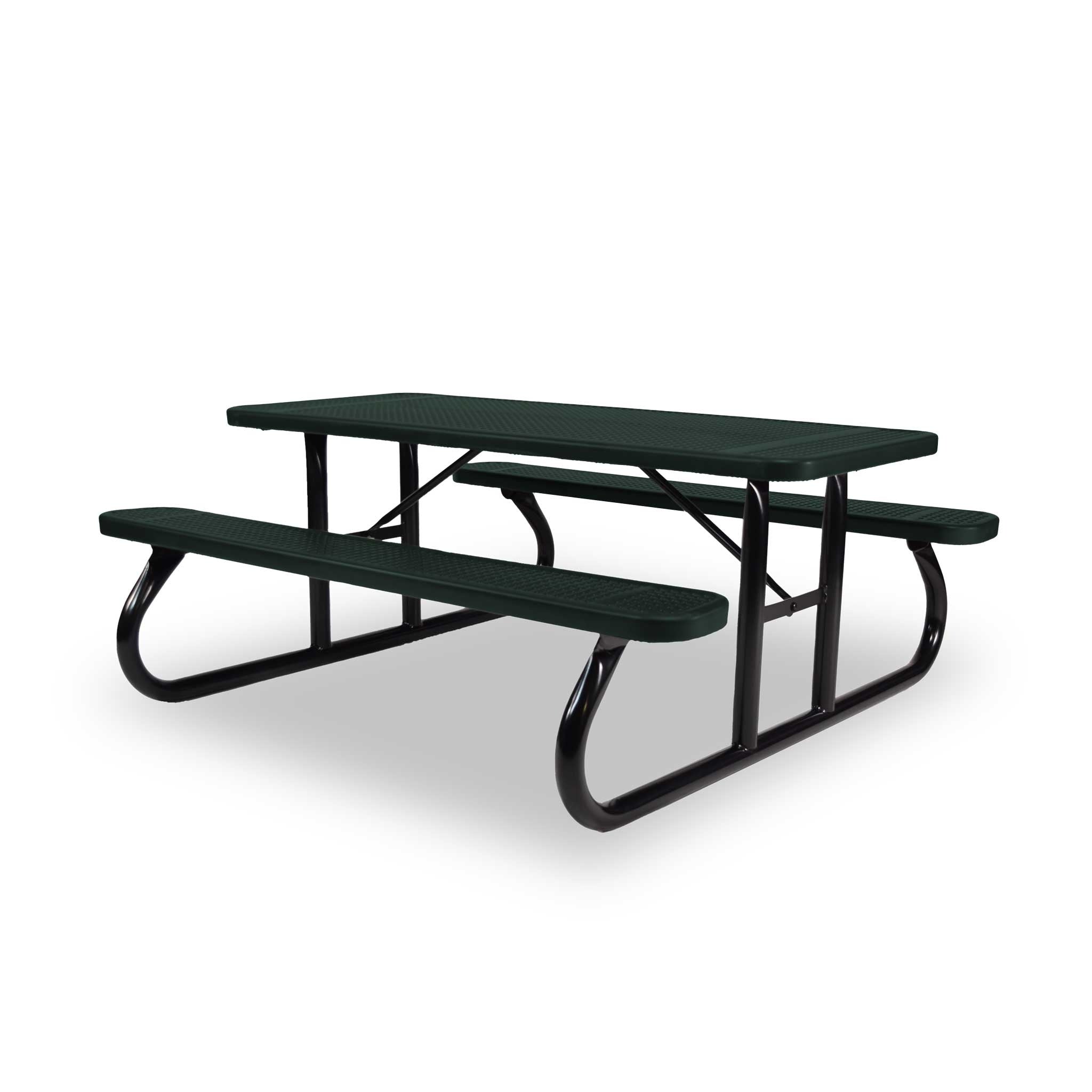 Black & Green Wabash Valley Signature Portable Picnic Table, green top and seats on a black frame, 6' Standard, Perforated pattern, outdoor school lunch tables