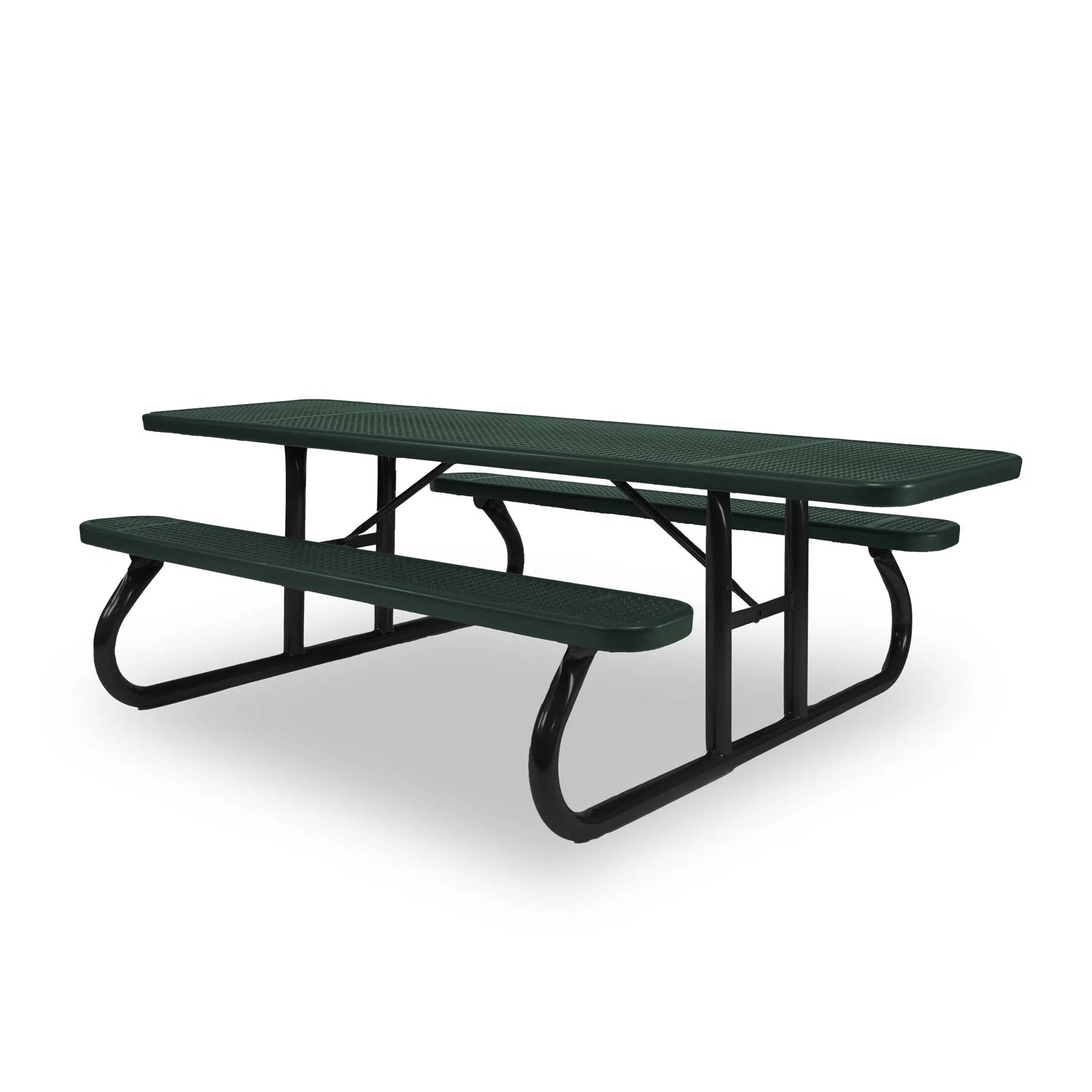 Black & Green Wabash Valley Signature Portable Picnic Table, green top and seats on a black frame, 8' ADA Accessible, Perforated pattern, outdoor cafeteria tables