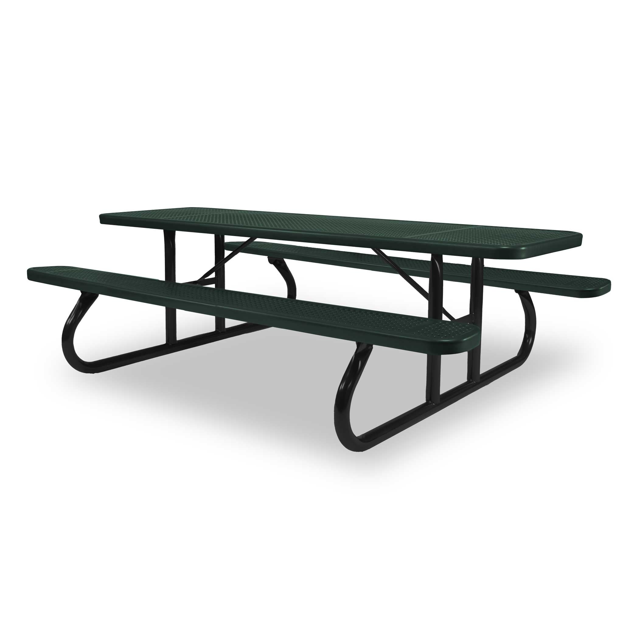 Black & Green Wabash Valley Signature Portable Picnic Table, green top and seats on a black frame, 8' Standard, Perforated pattern, coated metal picnic table