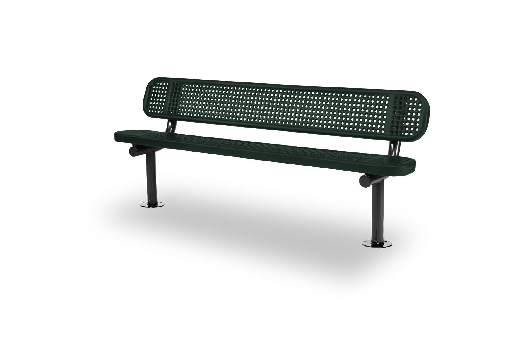 Black & Green Wabash Valley Signature Steel Bench, Perforated seat and back, Surface Mount base plates, outdoor bench with back