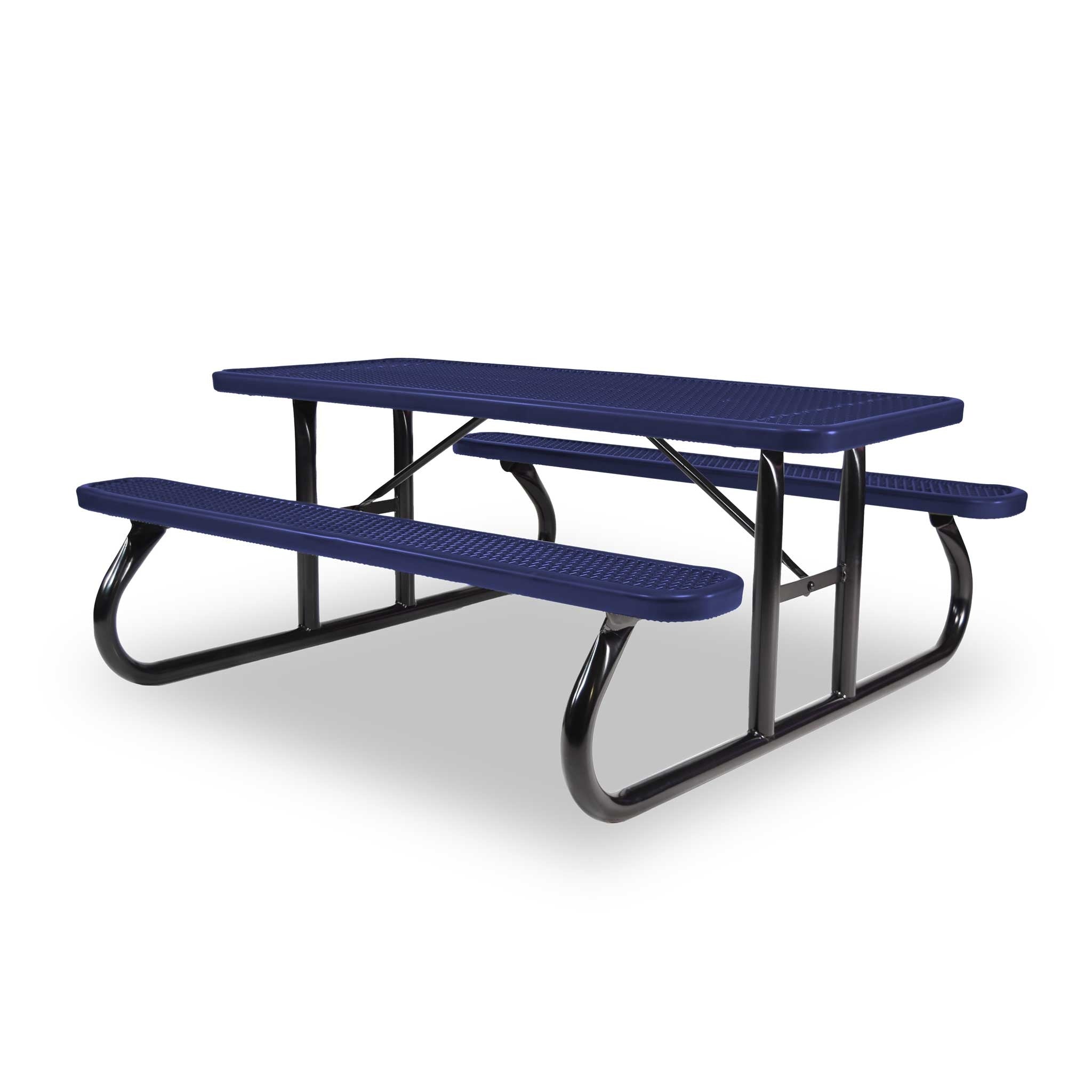Black & Purple Wabash Valley Signature Portable Picnic Table, purple top and seats on a black frame, Standard seating, Diamond pattern, coated metal picnic table