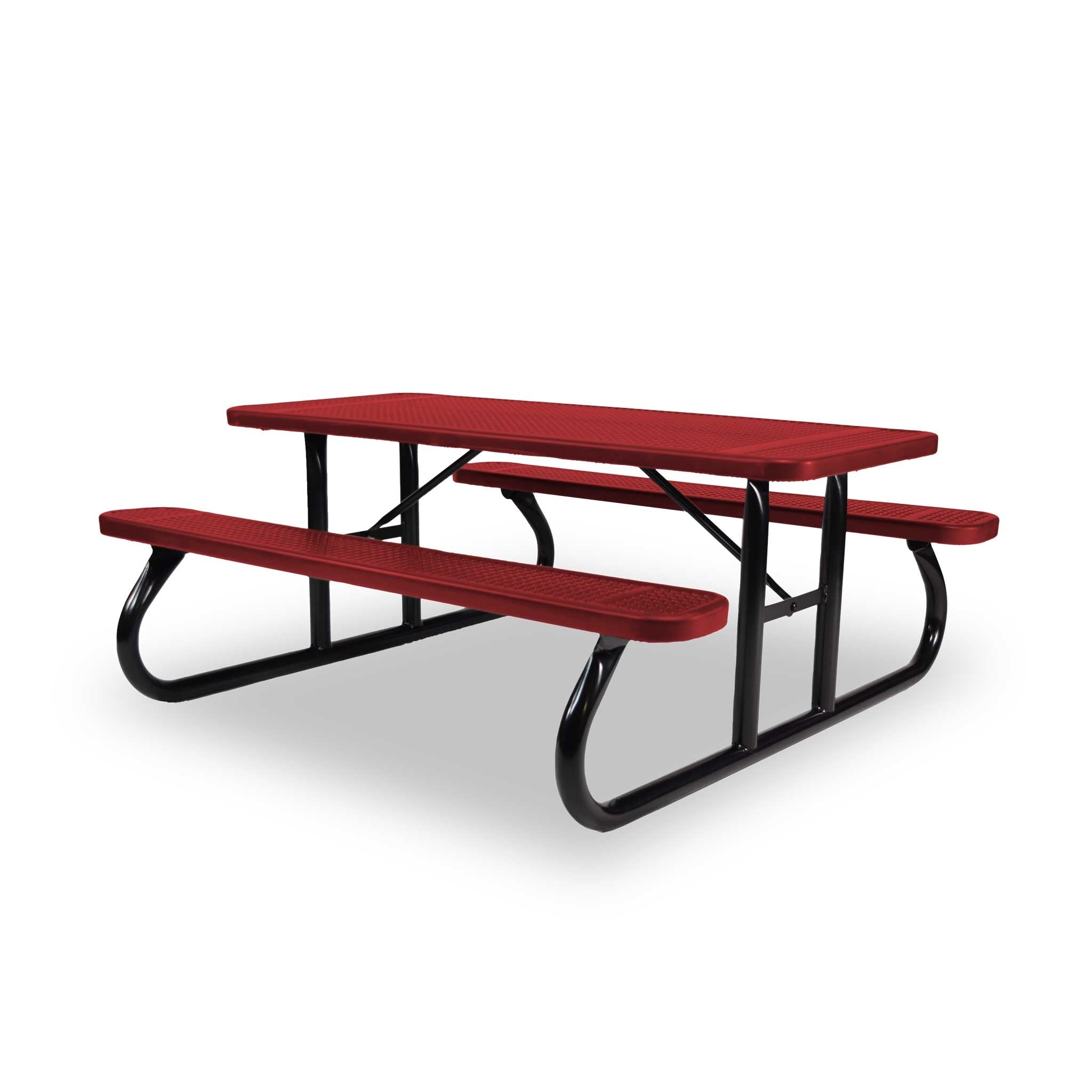 Black & Red Wabash Valley Signature Portable Picnic Table, red top and seats on a black frame, 6' Standard, Perforated pattern, coated picnic tables