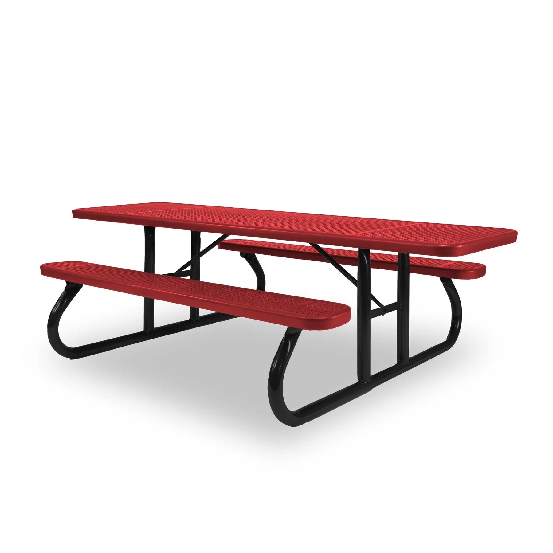 Black & Red Wabash Valley Signature Portable Picnic Table, red top and seats on a black frame, 8' ADA Accessible, Perforated pattern, outdoor cafeteria tables