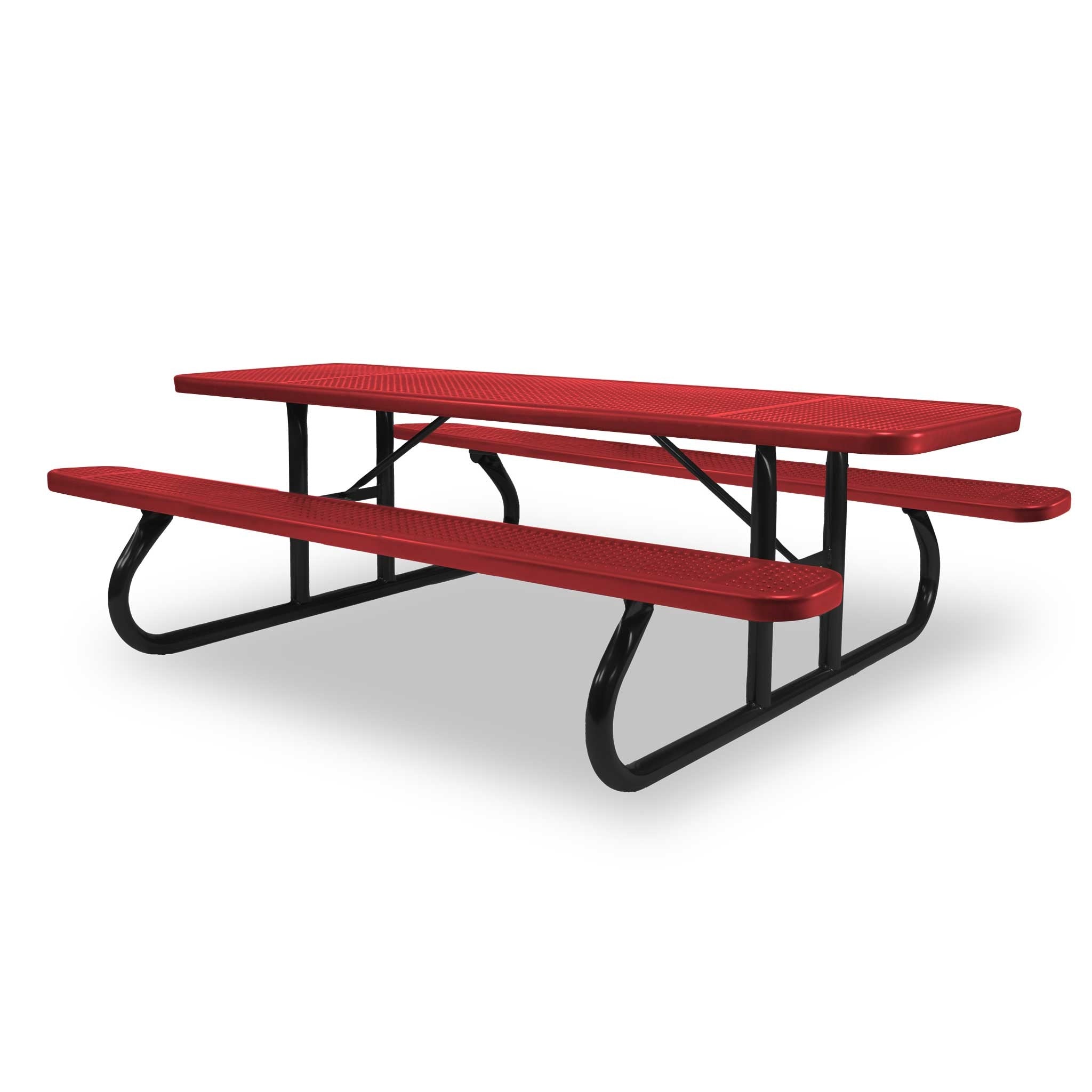 Black & Red Wabash Valley Signature Portable Picnic Table, red top and seats on a black frame, 8' Standard, Perforated pattern, portable picnic table