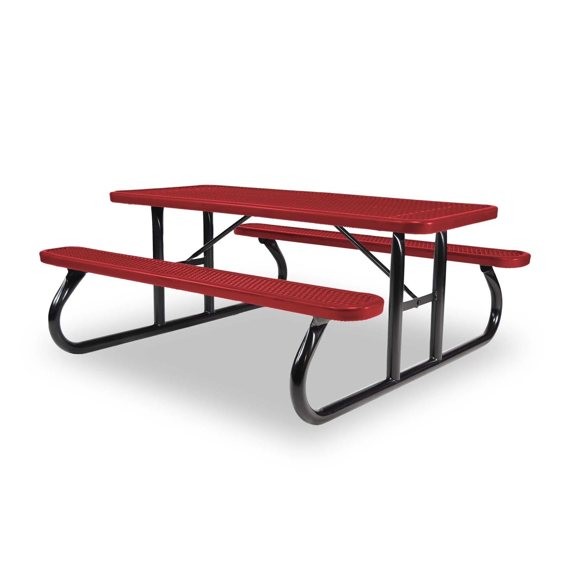 Black & Red Wabash Valley Signature Portable Picnic Table, red top and seats on a black frame, Standard seating, Diamond pattern, outdoor tables for schools
