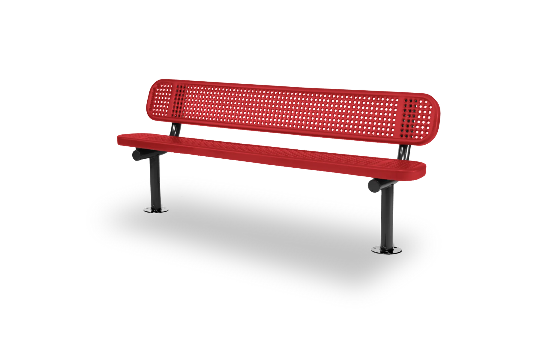 Black & Red Wabash Valley Signature Steel Bench, Perforated seat and back, Surface Mount base plates, commercial benches