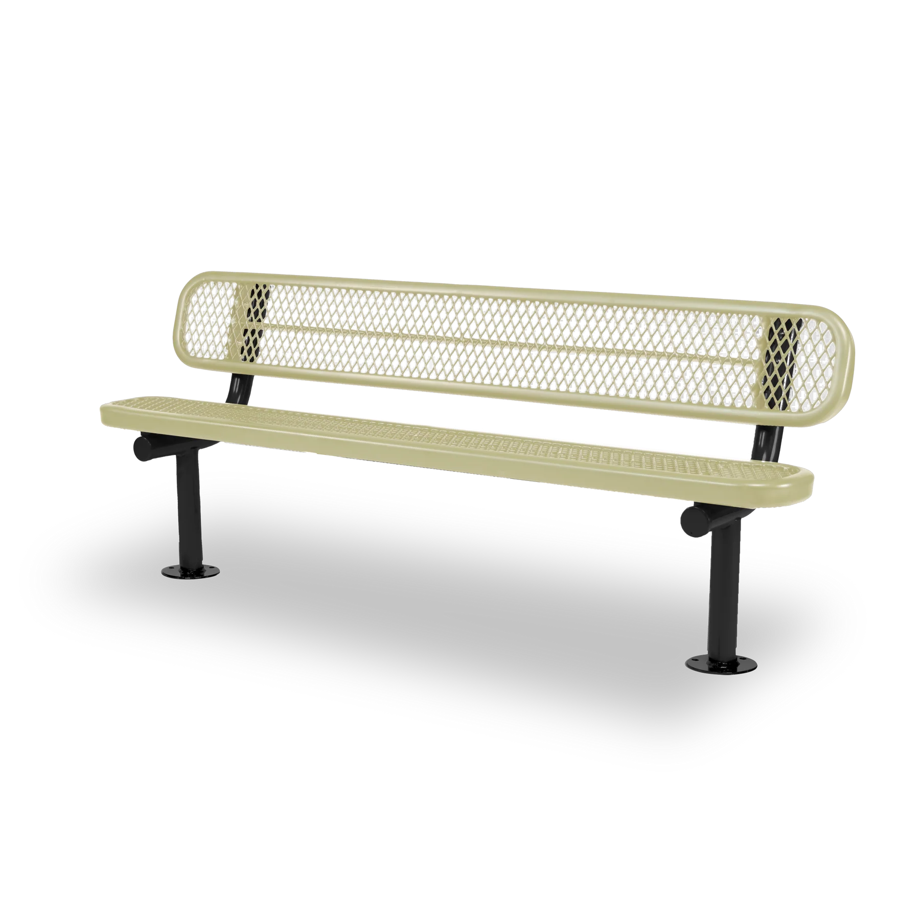 Black & Sand Wabash Valley Signature Steel Bench, Diamond seat and back, Surface Mount base plates, outdoor bench with back