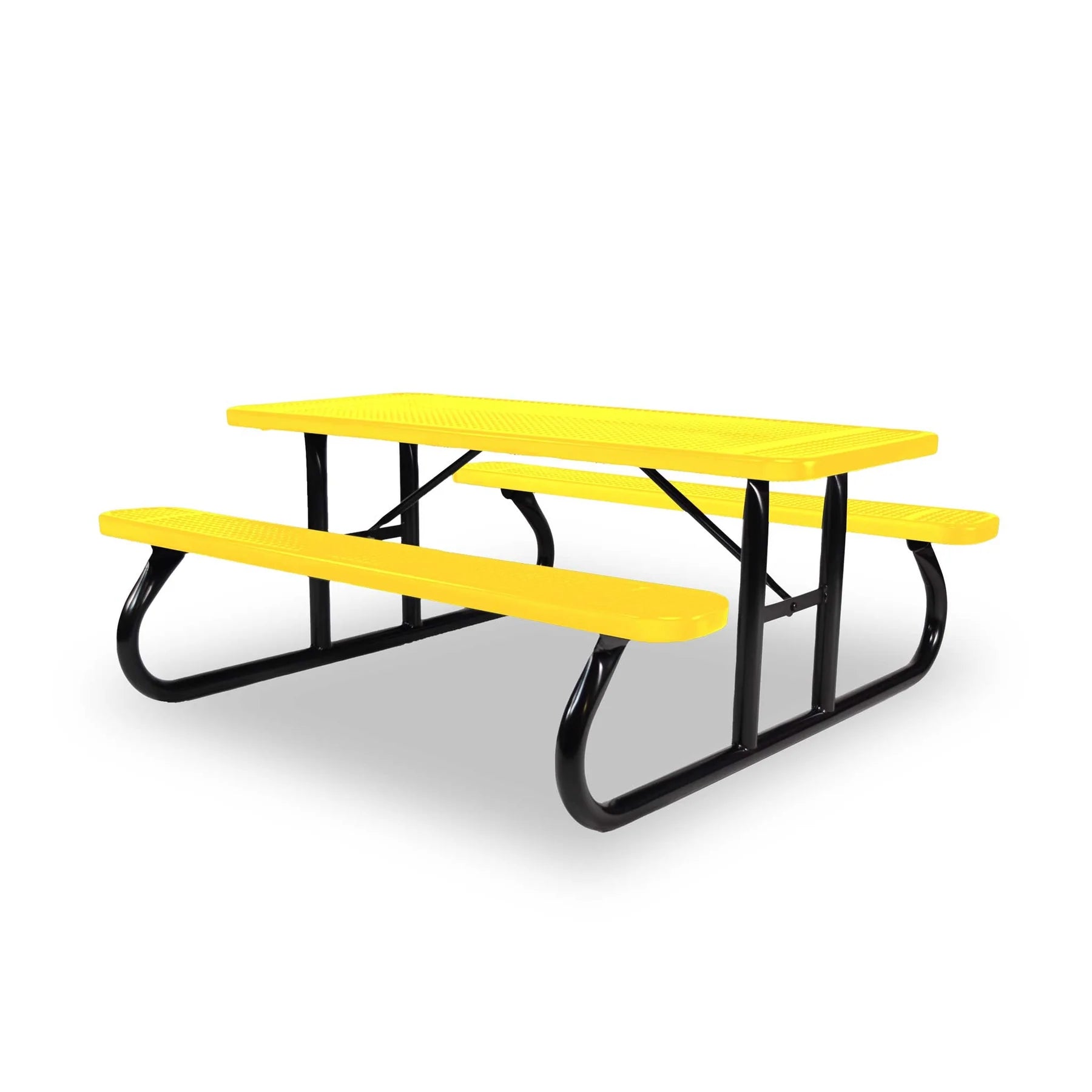 Black & Yellow Wabash Valley Signature Portable Picnic Table, yellow top and seats on a black frame, 6' Standard, Perforated pattern, outdoor cafeteria tables