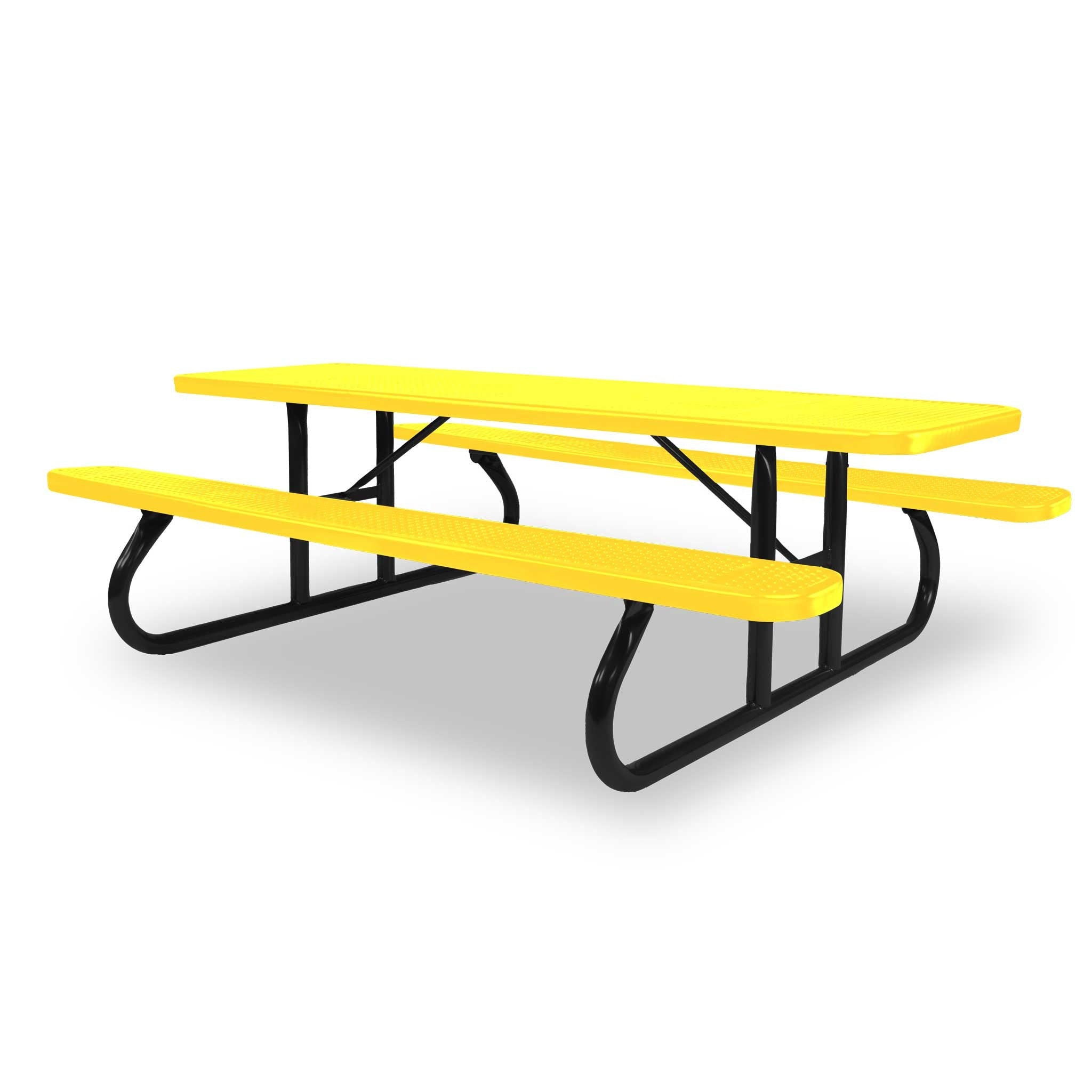 Black & Yellow Wabash Valley Signature Portable Picnic Table, yellow top and seats on a black frame, 8' Standard, Perforated pattern, outdoor cafeteria tables