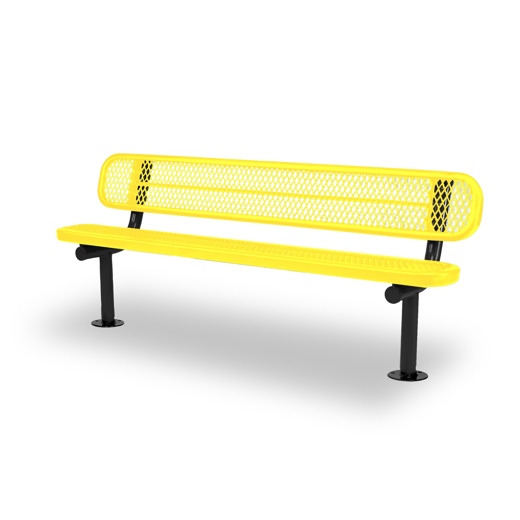 Black & Yellow Wabash Valley Signature Steel Bench, Diamond seat and back, Surface Mount base plates, outdoor bench with back