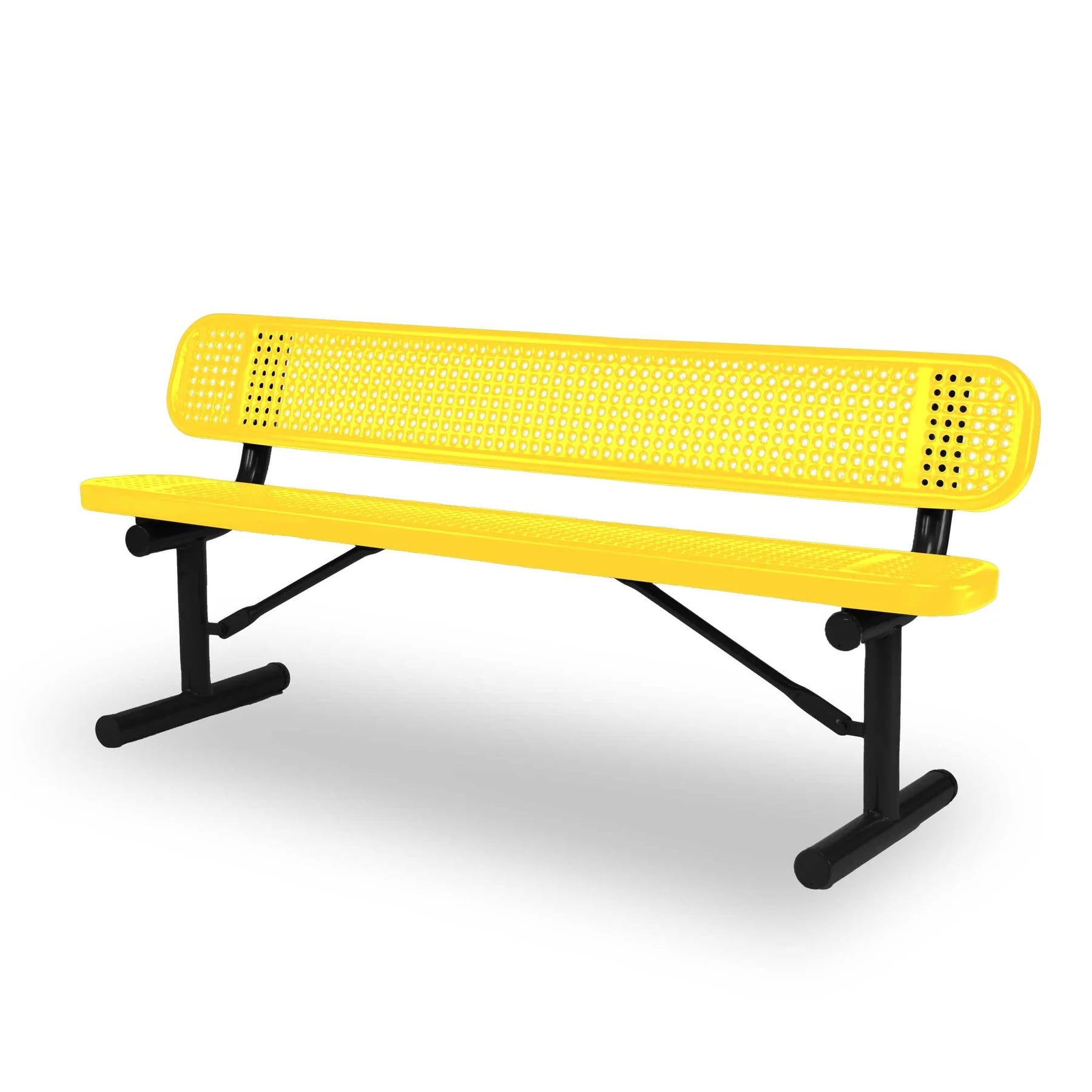 Black & Yellow Wabash Valley Signature Steel Bench, Perforated seat and back, portable frame with braces, commercial benches