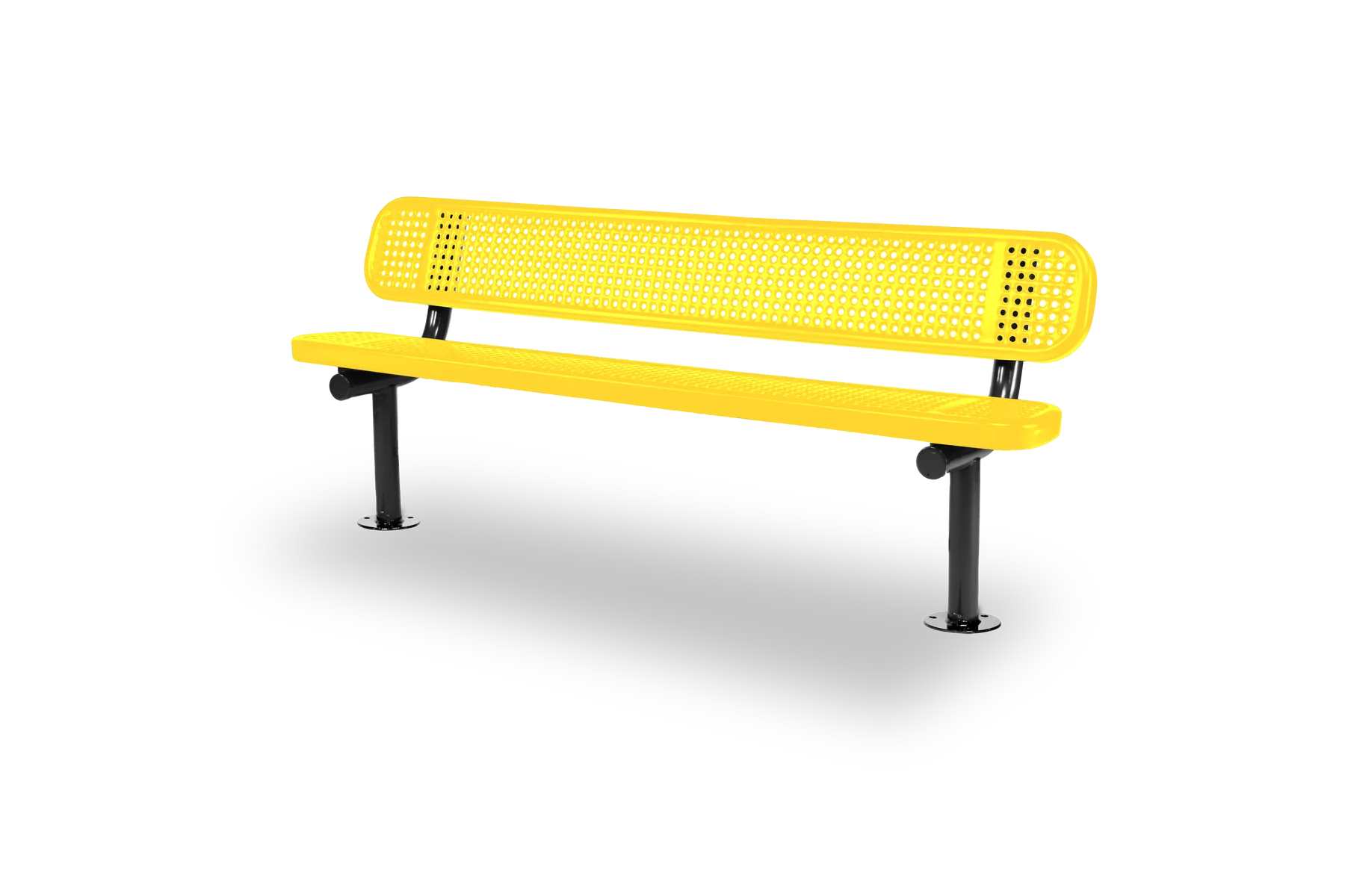 Black & Yellow Wabash Valley Signature Steel Bench, Perforated seat and back, Surface Mount base plates, outdoor bench with back