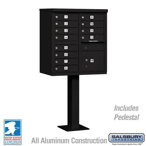 Black Salsbury USPS Mailbox Cluster Unit with 12 Doors and Parcel Locker Studio Image.