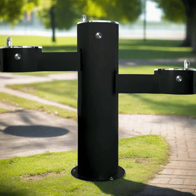 Black Willoughby Triple Height Drinking Fountain Front approach in park Setting