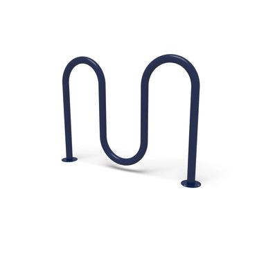 Blue Wabash Valley 5 Bike Serpentine Rack, 3 loops, surface mount on 6 inch base plates, model BRK538S, powder coated steel serpentine bike rack
