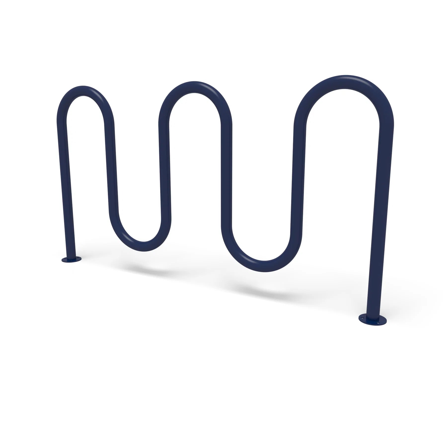 Blue Wabash Valley 7 Bike Serpentine Rack, 5 loops on surface mount base plates, model BRK534S, powder coated steel 7 bike rack
