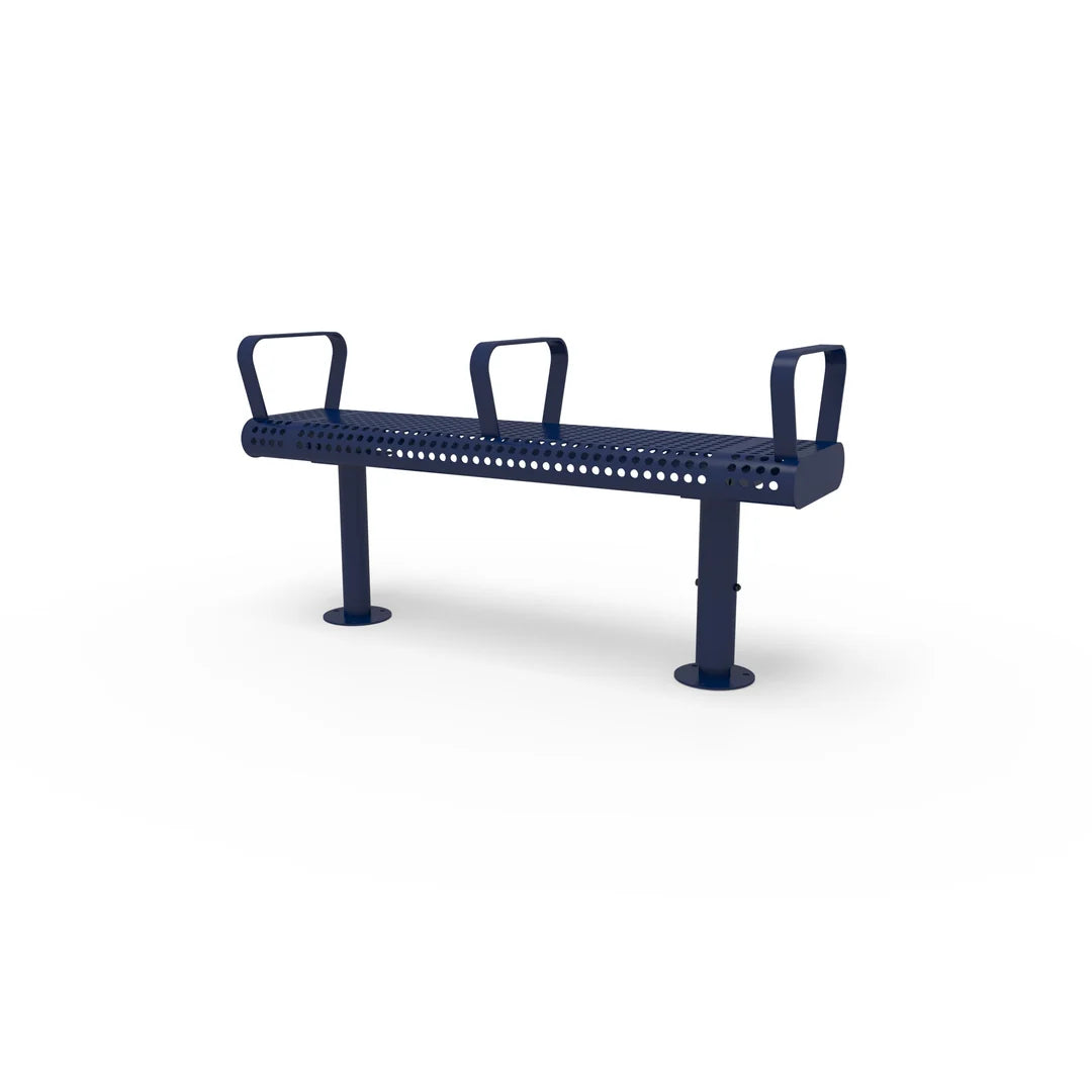 Blue Wabash Valley Backless Transit Bench, 3 Armrests, 4 ft perforated steel seat on adjustable surface mount legs, model TR202P, bus stop bench