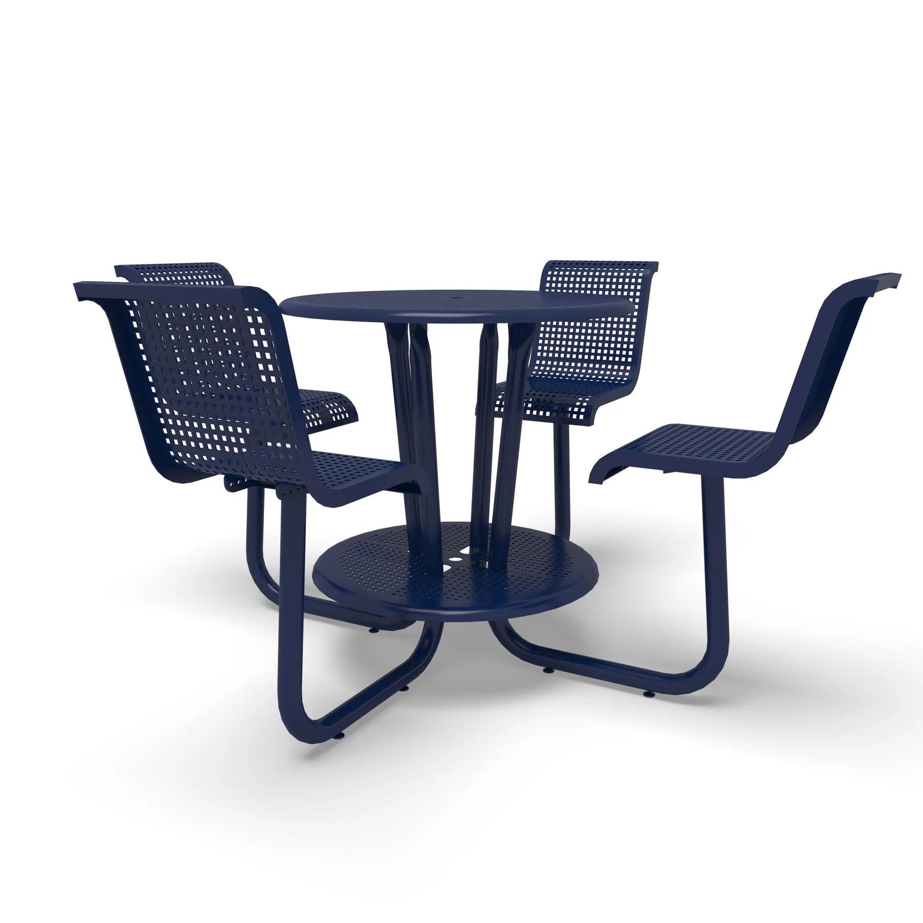 Blue Wabash Valley Camino Round Bar Height Table, perforated plastisol top at bar height, four seats with backs, foot ring, portable, model CM225Q, commercial outdoor bar table