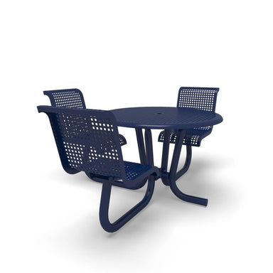 Blue Wabash Valley Camino Round Dining Table, ADA Accessible, perforated plastisol top, three seats with backs, wheelchair side, surface mount, model CM230Q, outdoor round dining table