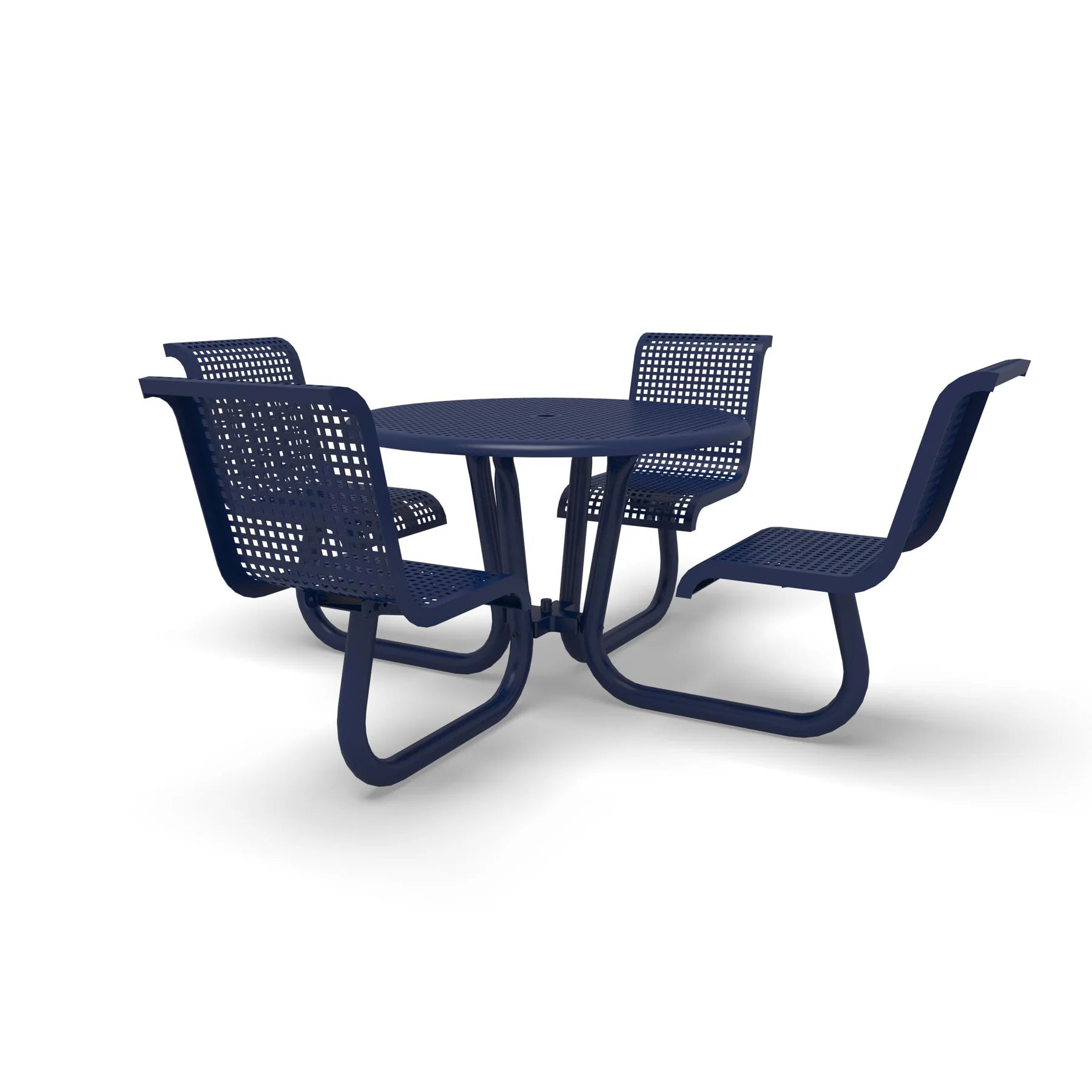 Blue Wabash Valley Camino Round Dining Table, Standard, perforated plastisol top, four seats with backs, portable, model CM221Q, outdoor round dining table