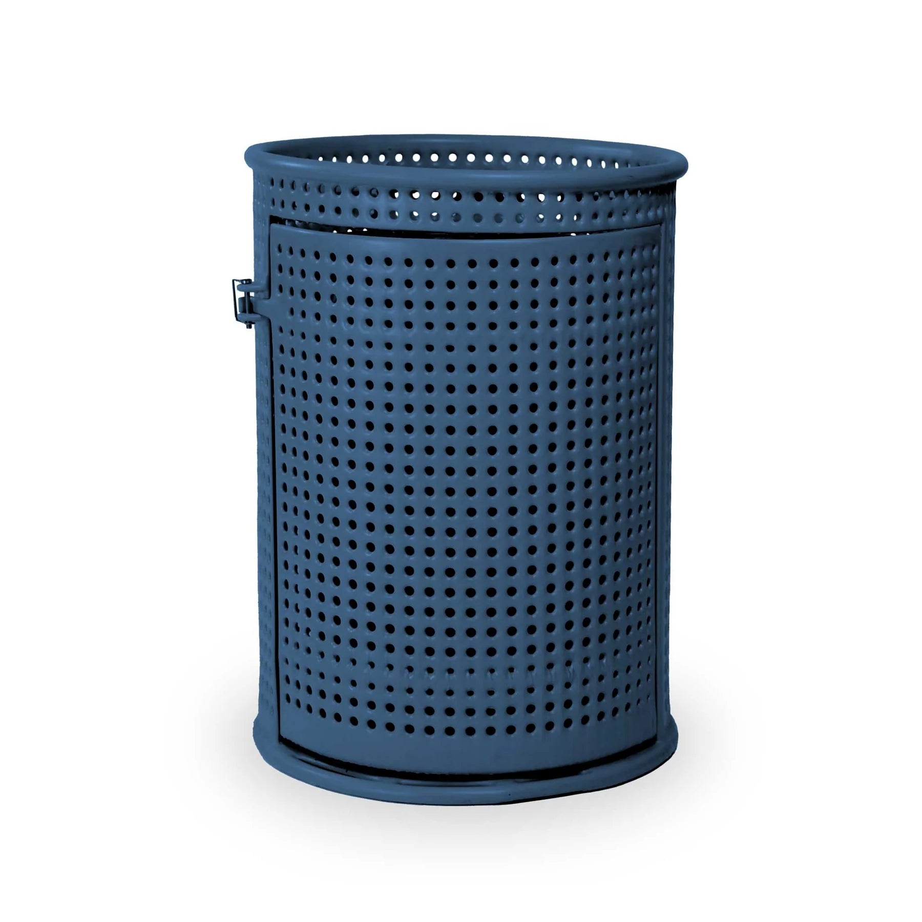 Blue Wabash Valley Commercial Trash Receptacle w/ Side Opening, perforated body with a side door, plastisol coated, model LR305P, trash can with door