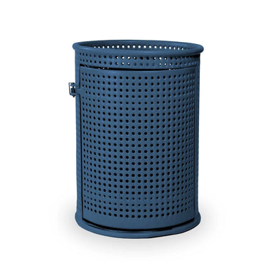 Blue Wabash Valley Commercial Trash Receptacle w/ Side Opening, perforated body with a side door, plastisol coated, model LR305P, trash can with door