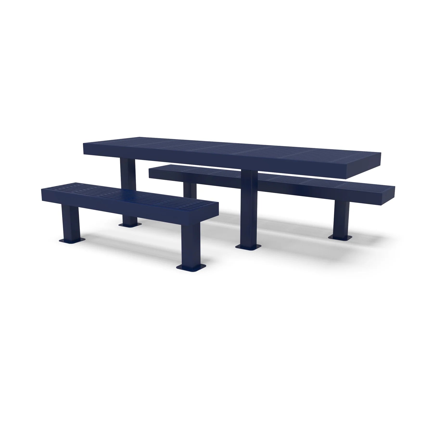 Blue Wabash Valley Designer ADA picnic table, traditional slat top with one shortened seat leaving a wheelchair space beside it