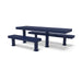 Blue Wabash Valley Designer ADA picnic table, traditional slat top with one shortened seat leaving a wheelchair space beside it