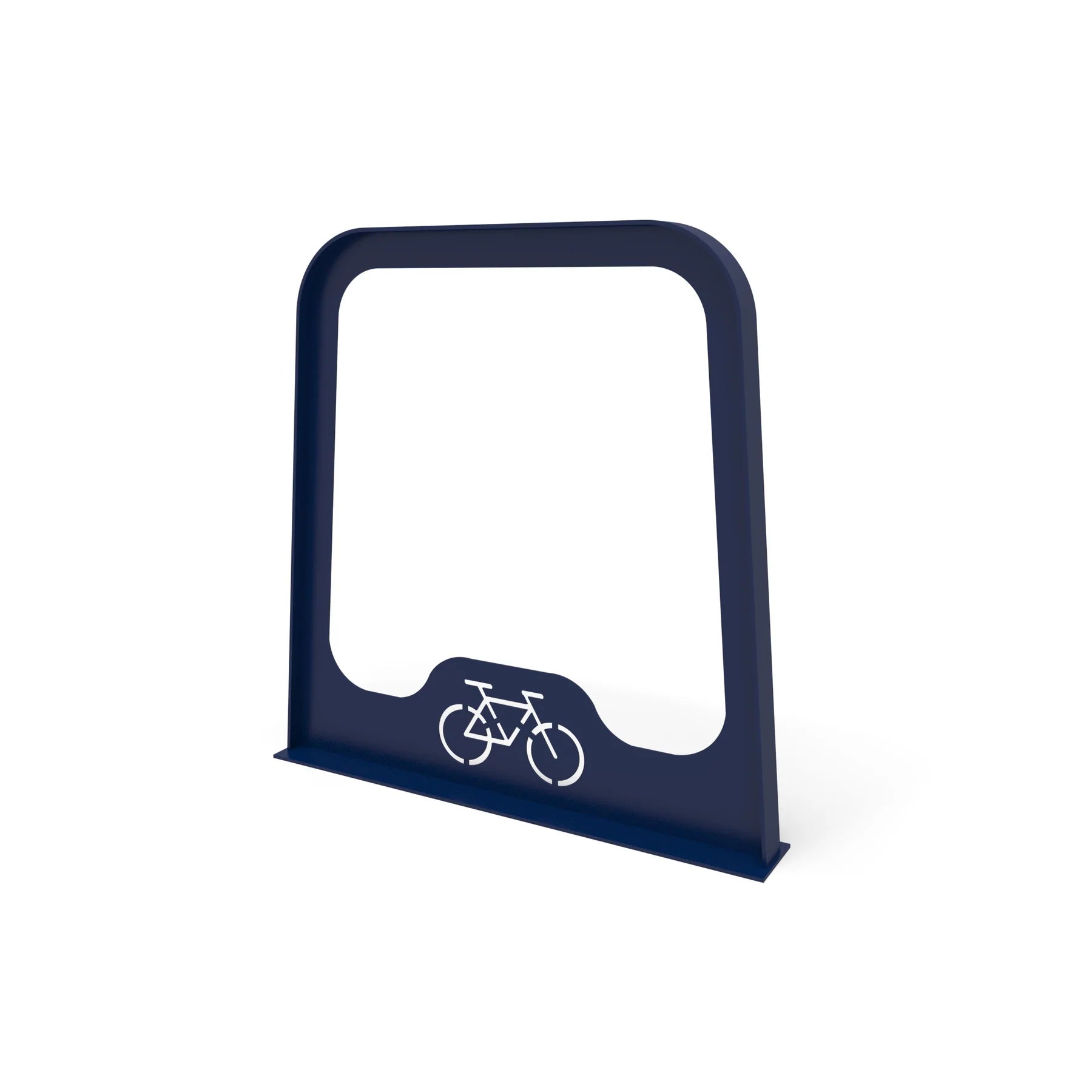 Angled view of a Blue Wabash Valley Designer bike rack showing the flat steel panel edge and bolt down base flange