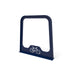 Angled view of a Blue Wabash Valley Designer bike rack showing the flat steel panel edge and bolt down base flange